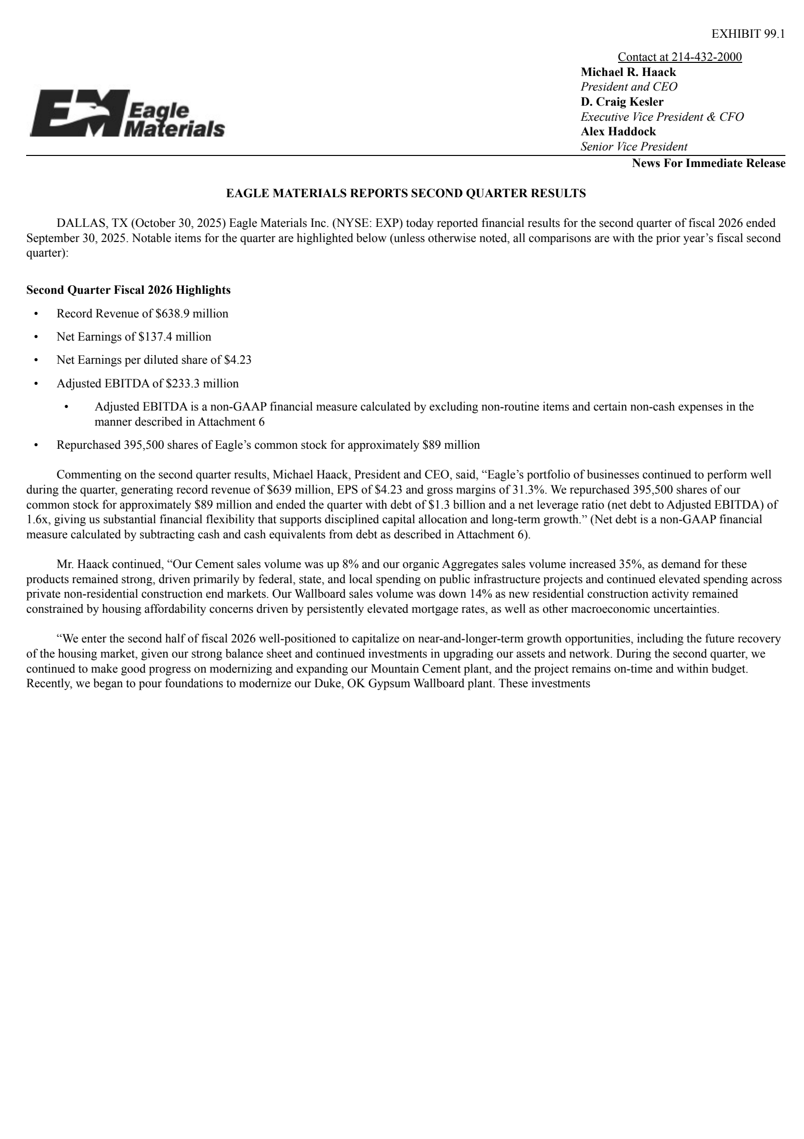 Eagle Materials' Q2 2026 Earnings Release