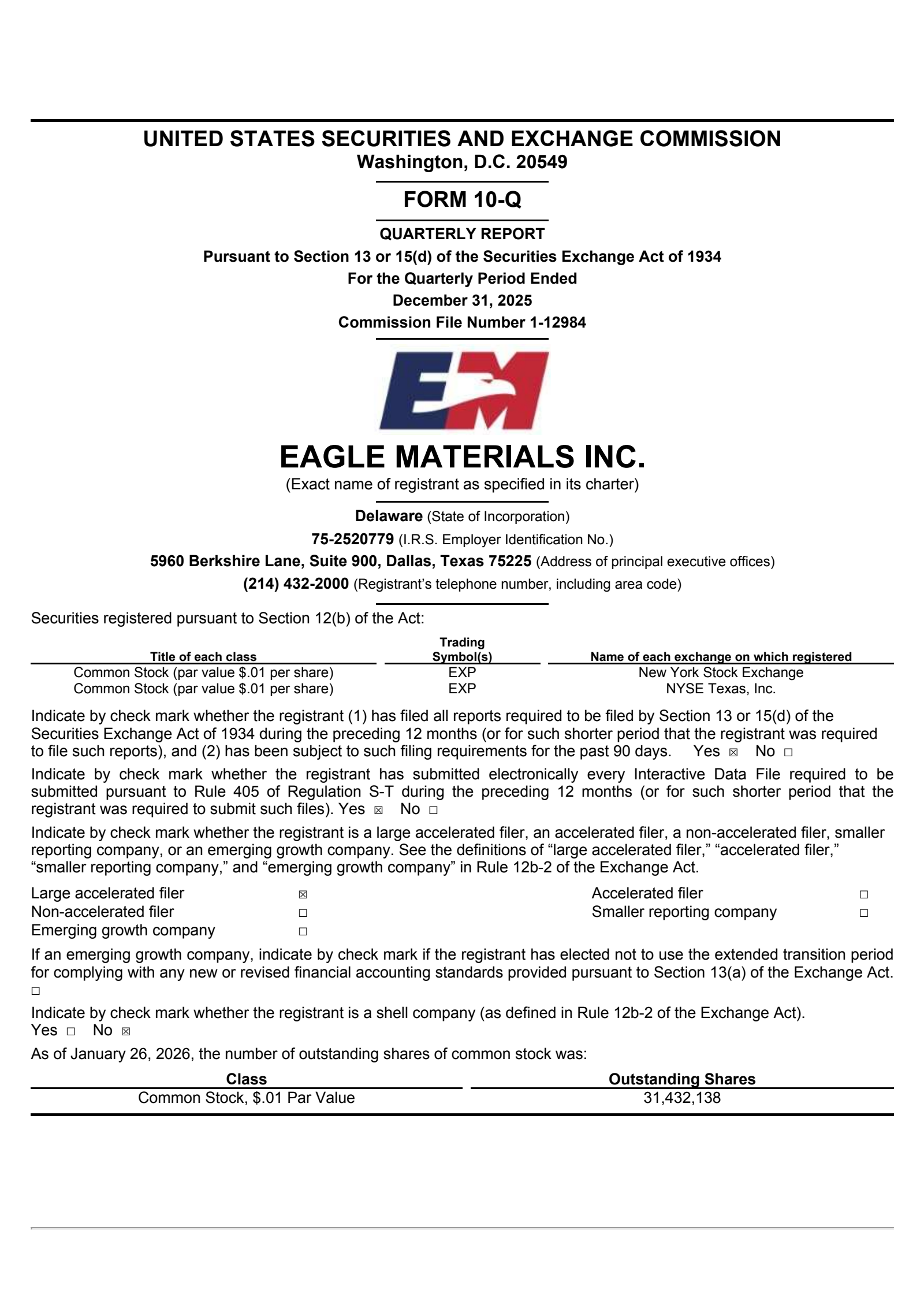 Eagle Materials' Q3 2026 Quarterly report