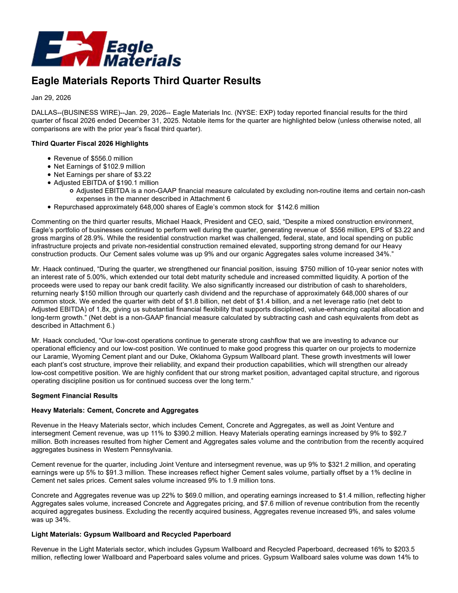 Eagle Materials' Q3 2026 Press Release