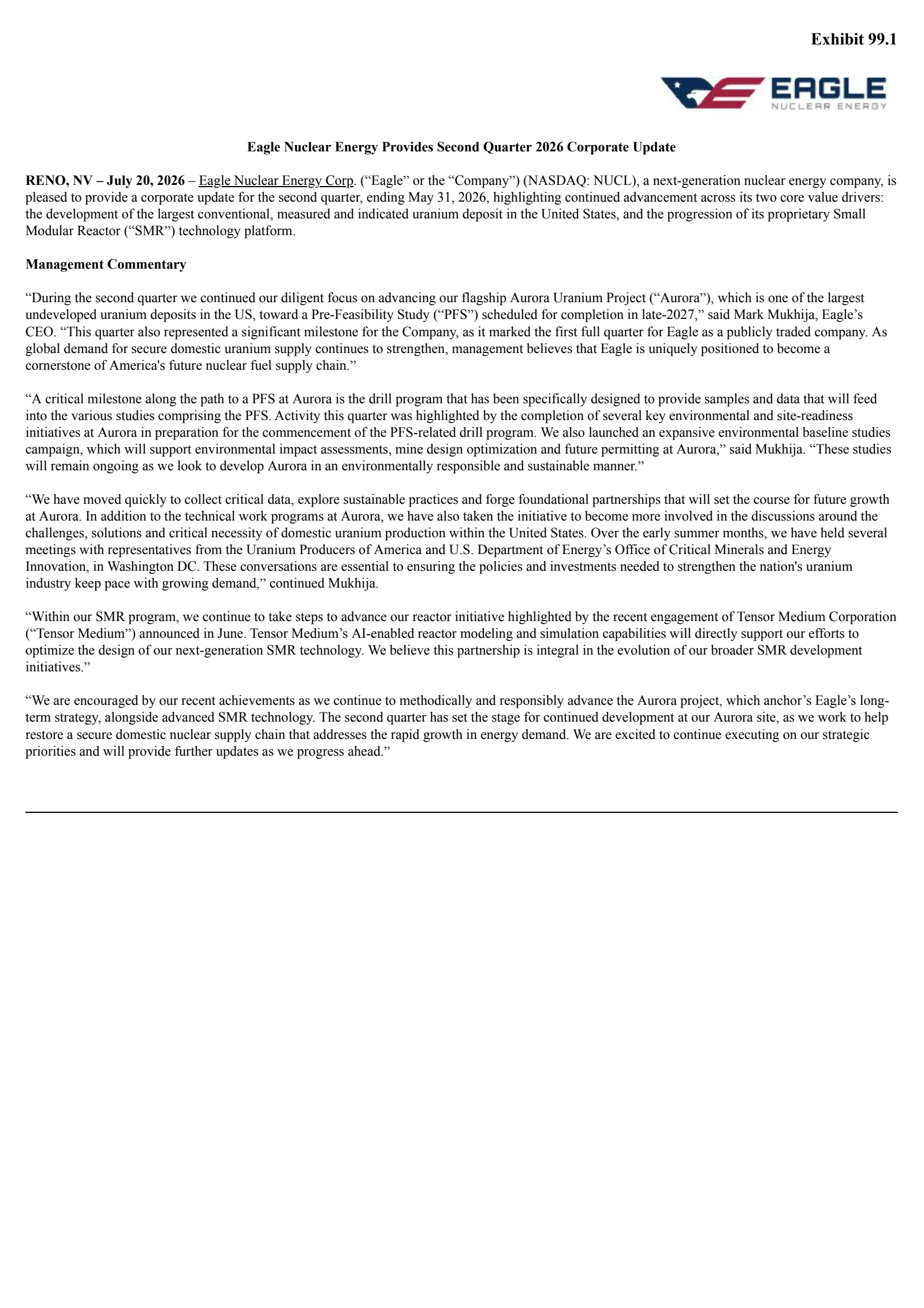 Eagle Nuclear Energy's Q2 2026 Press Release