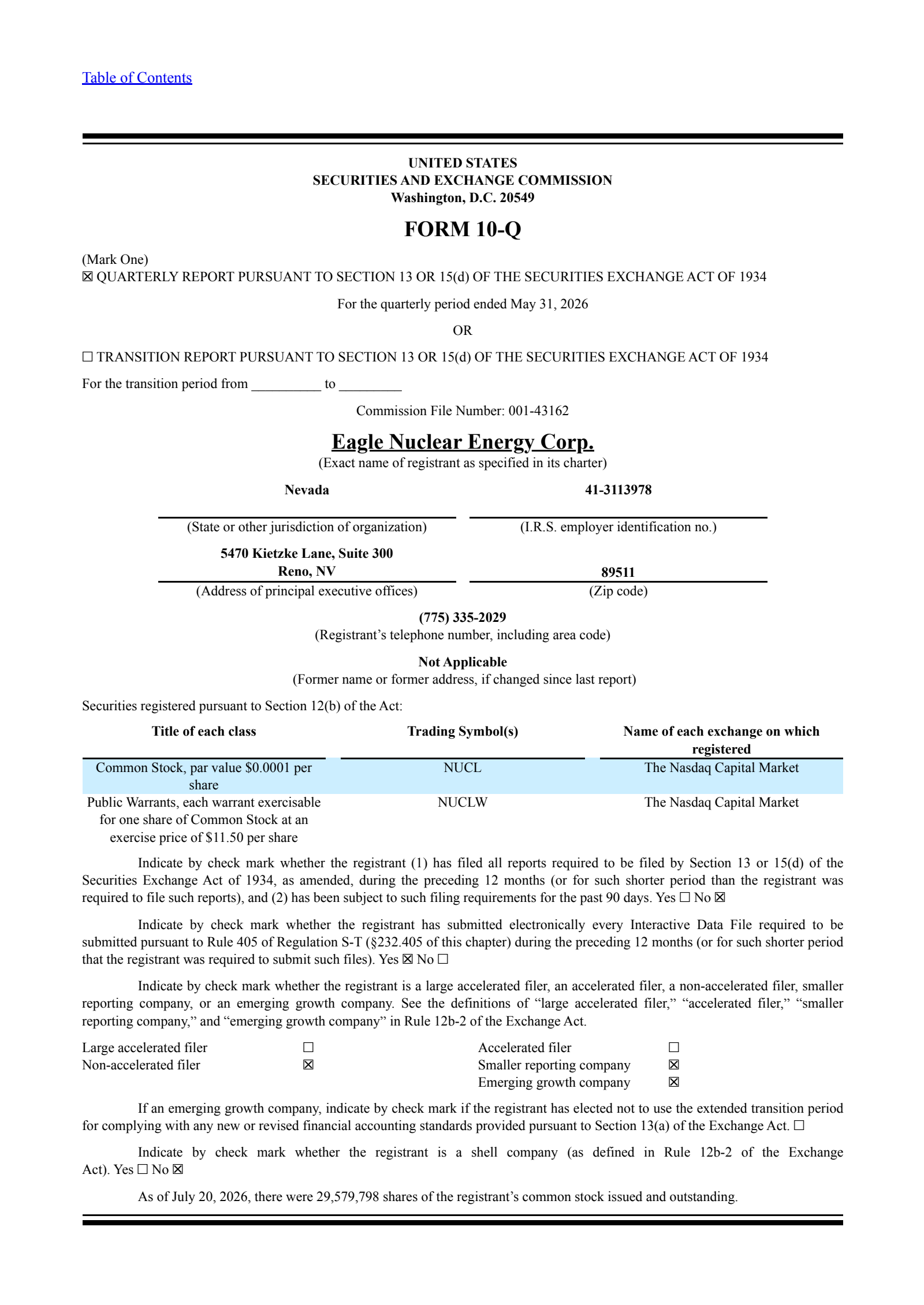 Eagle Nuclear Energy's Q2 2026 Quarterly report