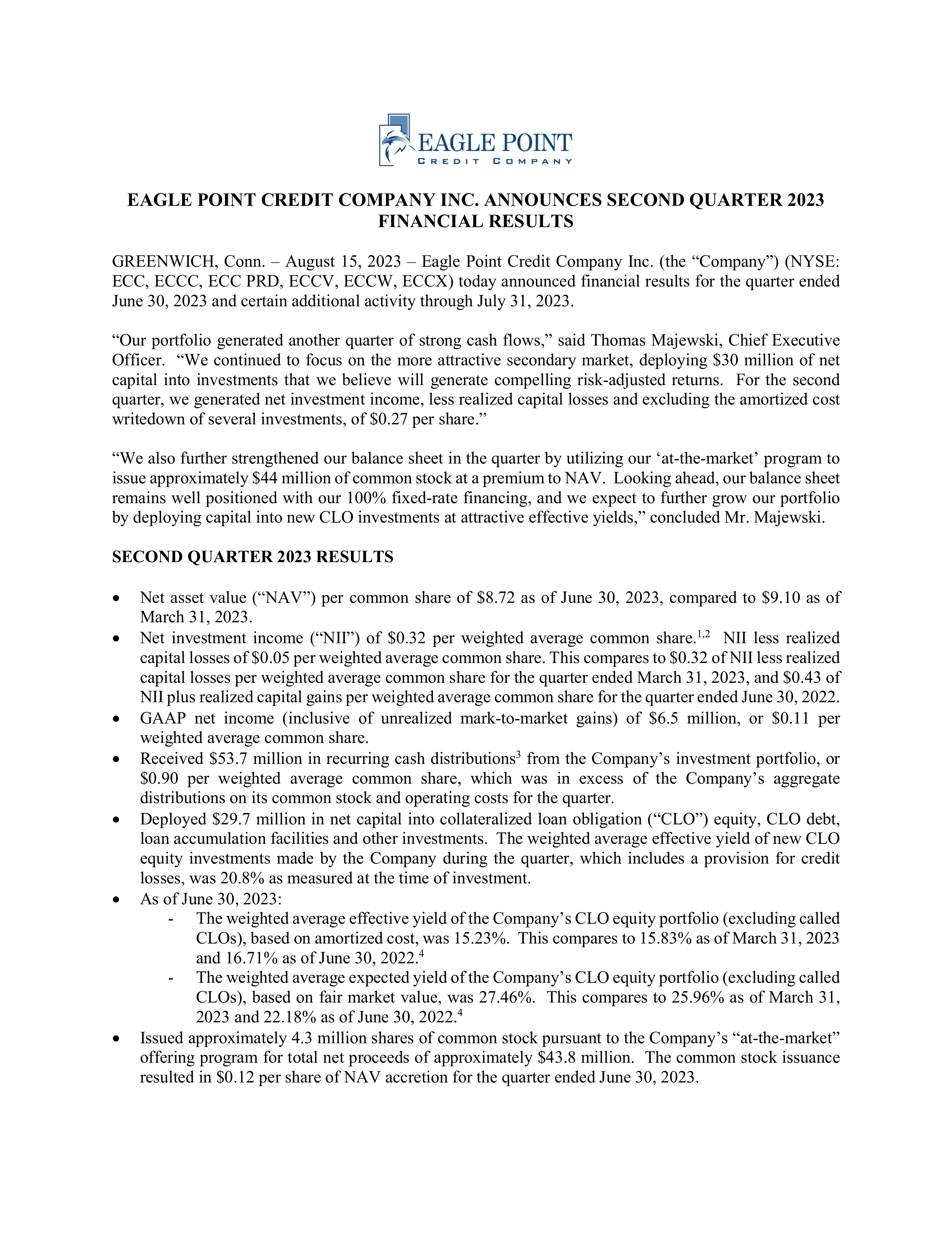Eagle Point Credit's Q2 2023 Press Release