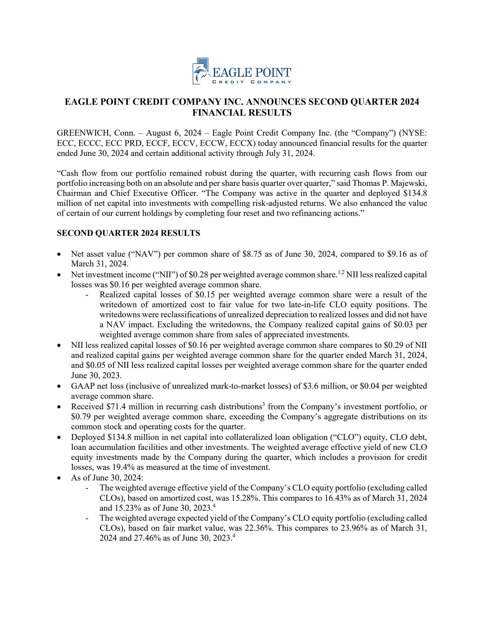 Eagle Point Credit's Q2 2024 Press Release
