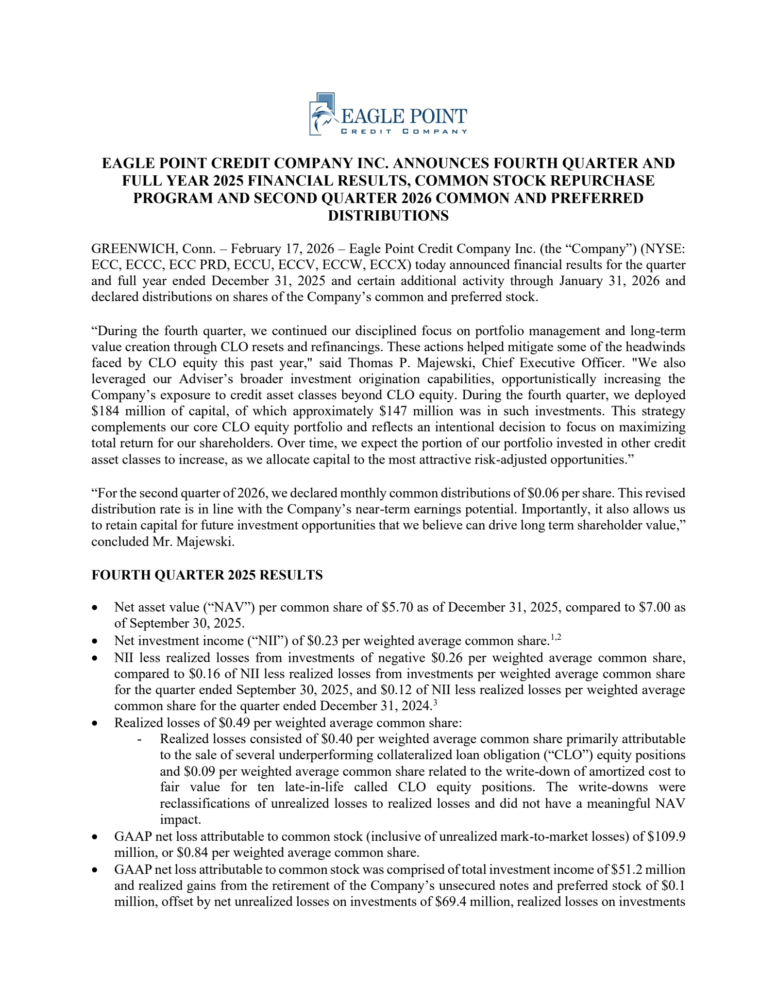 Eagle Point Credit's Q4 2025 Press Release