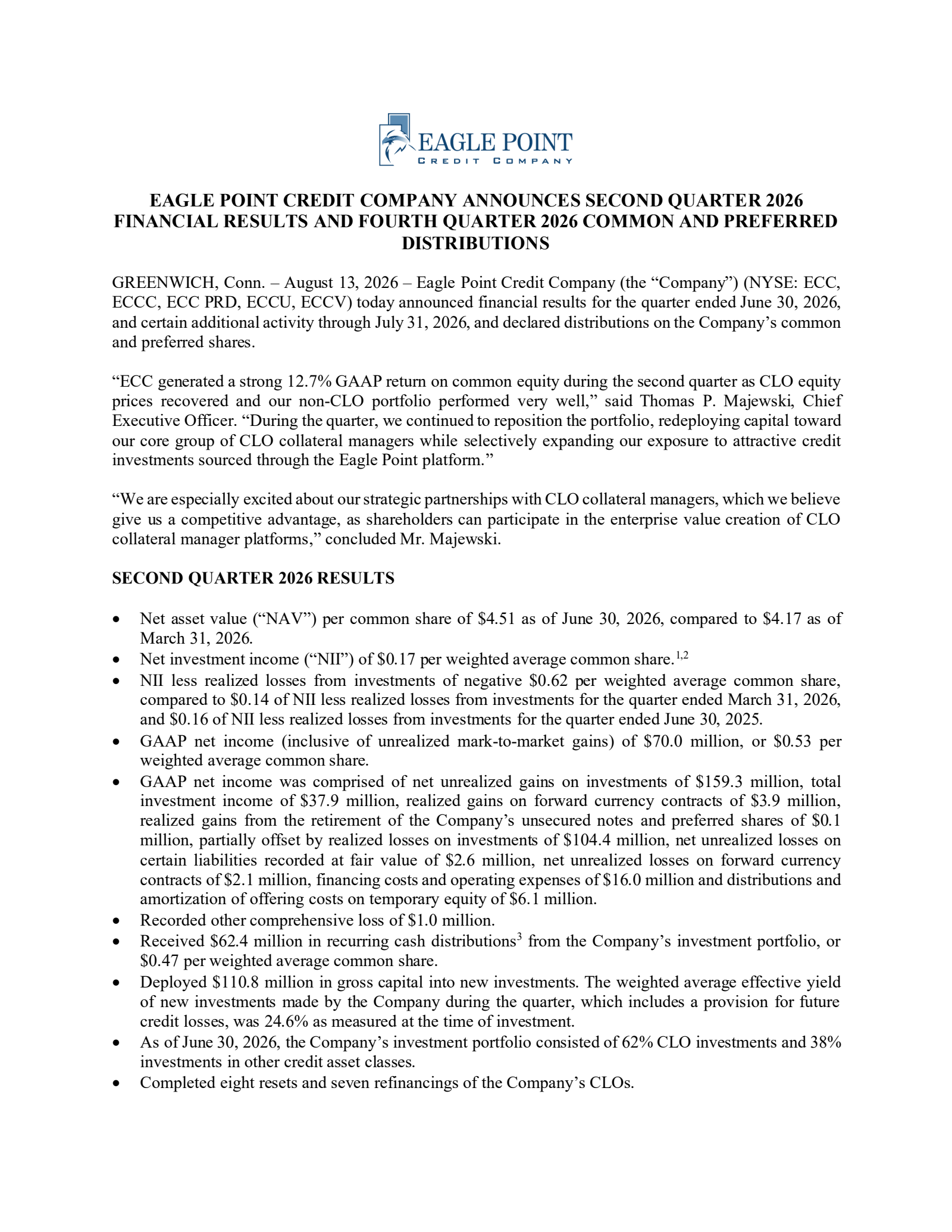 Eagle Point Credit's Q2 2026 Press Release