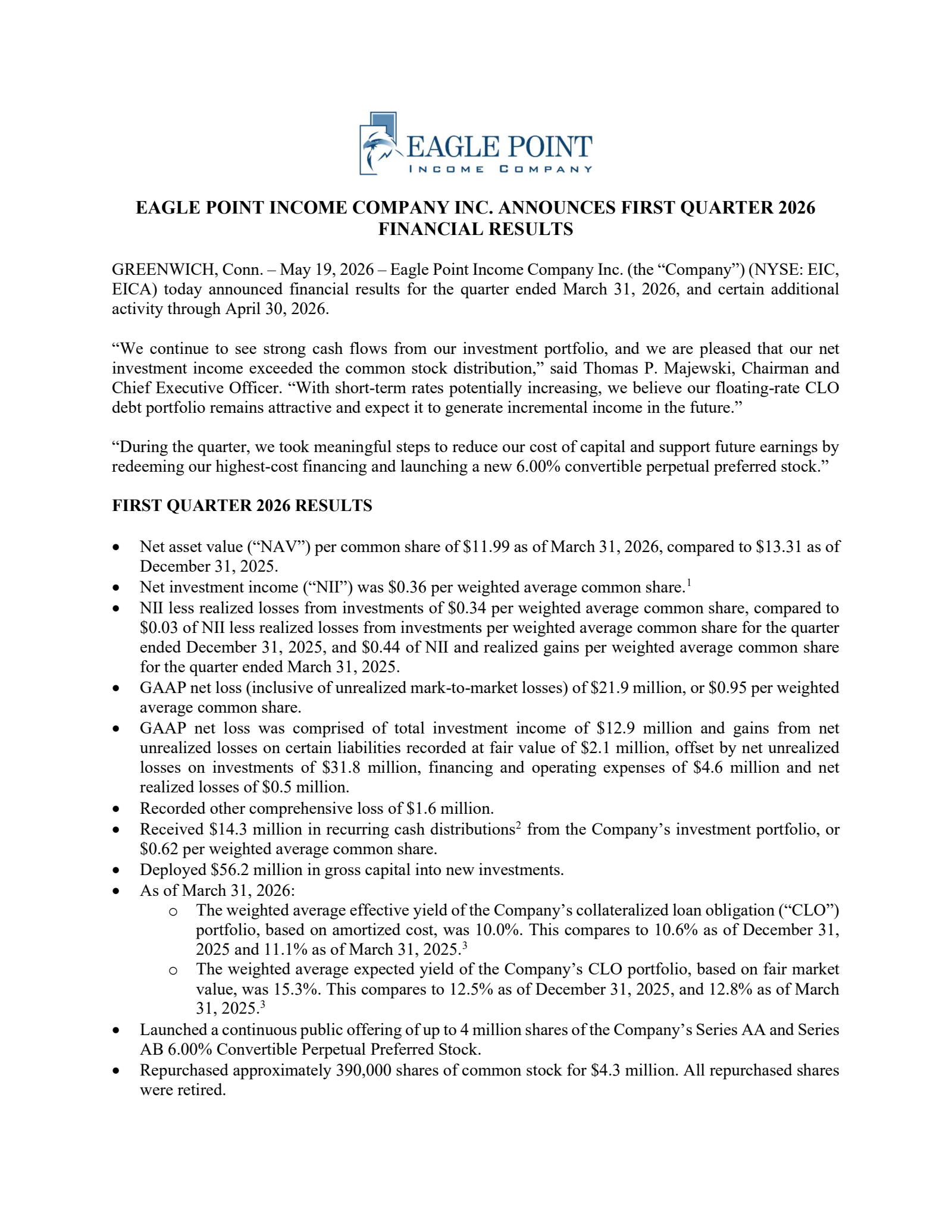Eagle Point Income's Q1 2026 Press Release