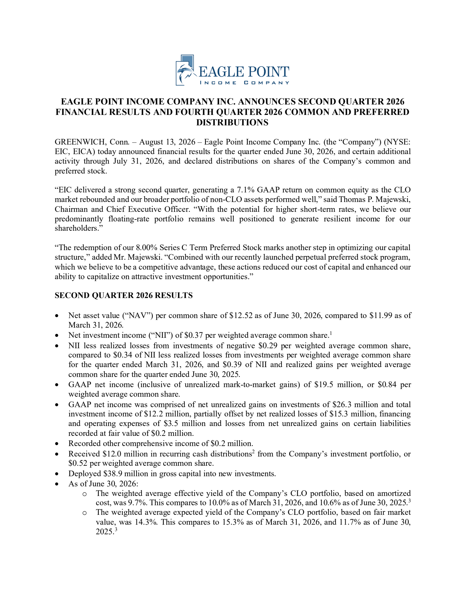 Eagle Point Income's Q2 2026 Press Release