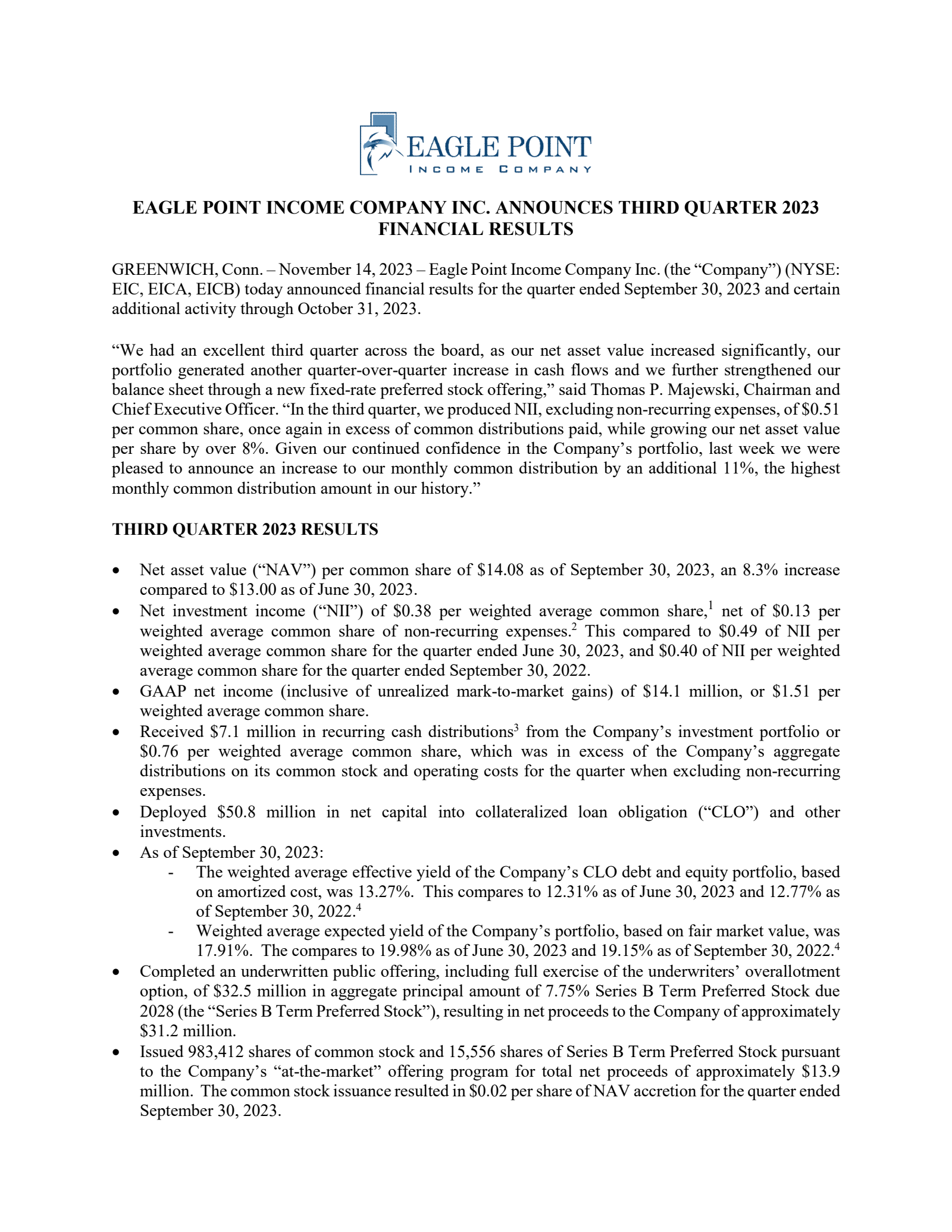 Eagle Point Income's Q3 2023 Press Release