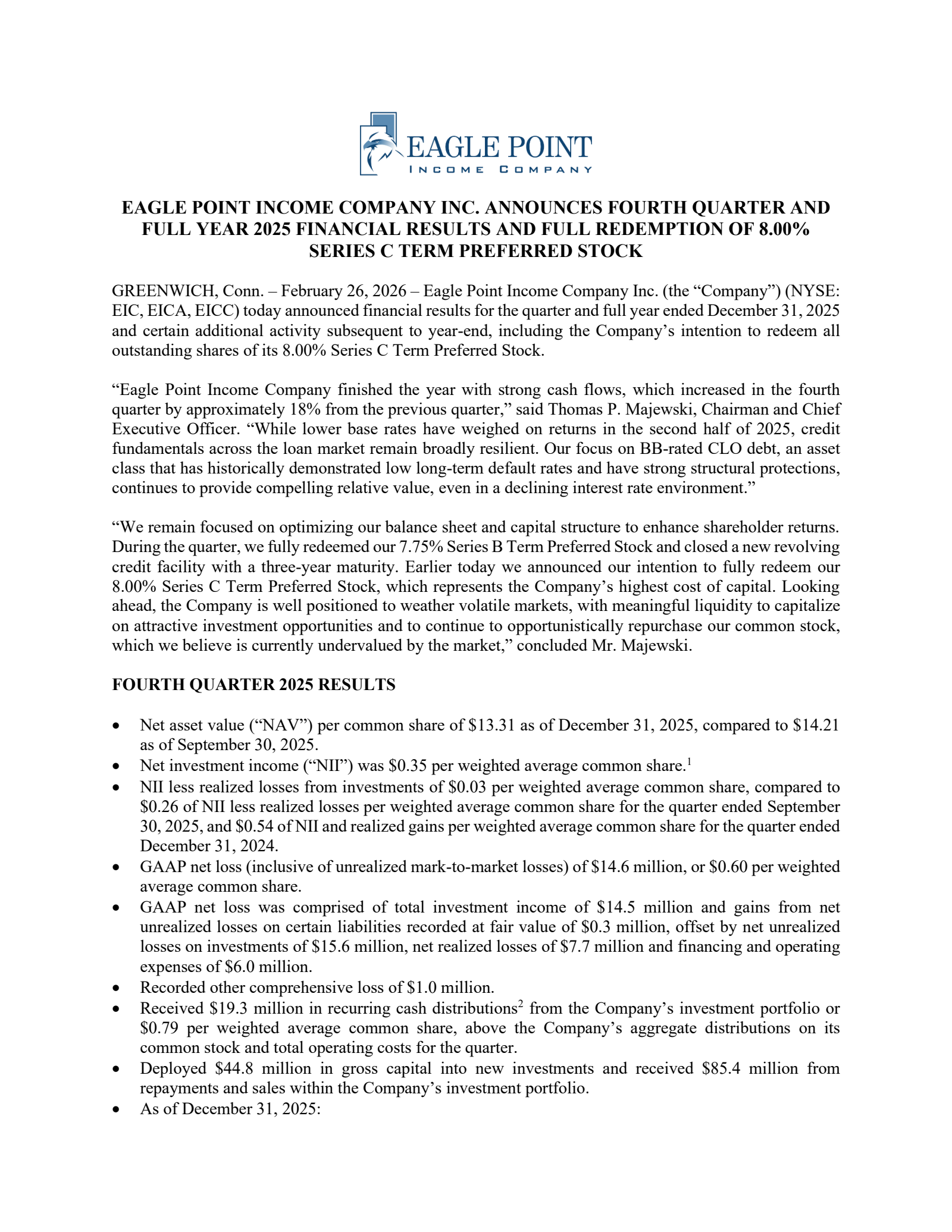 Eagle Point Income's Q4 2025 Press Release