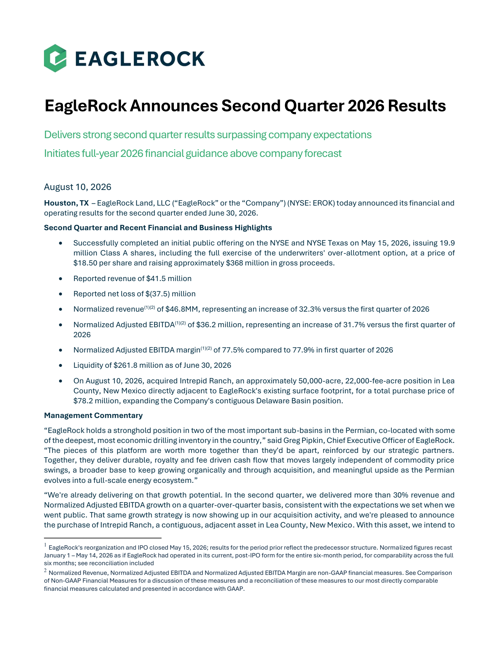 EagleRock Land's Q2 2026 Press Release