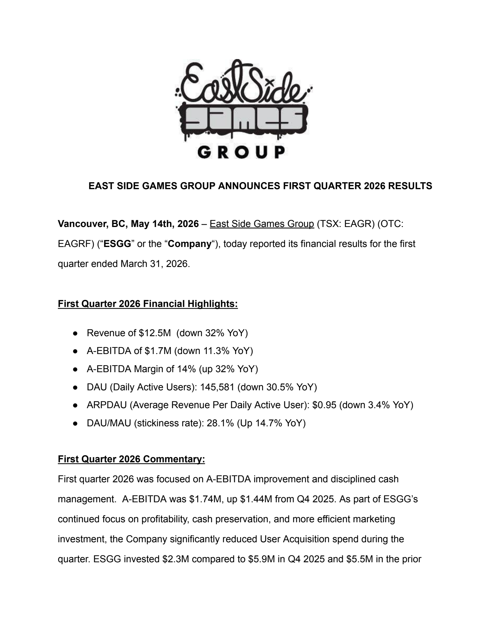 East Side Games Group's Q1 2026 Press Release
