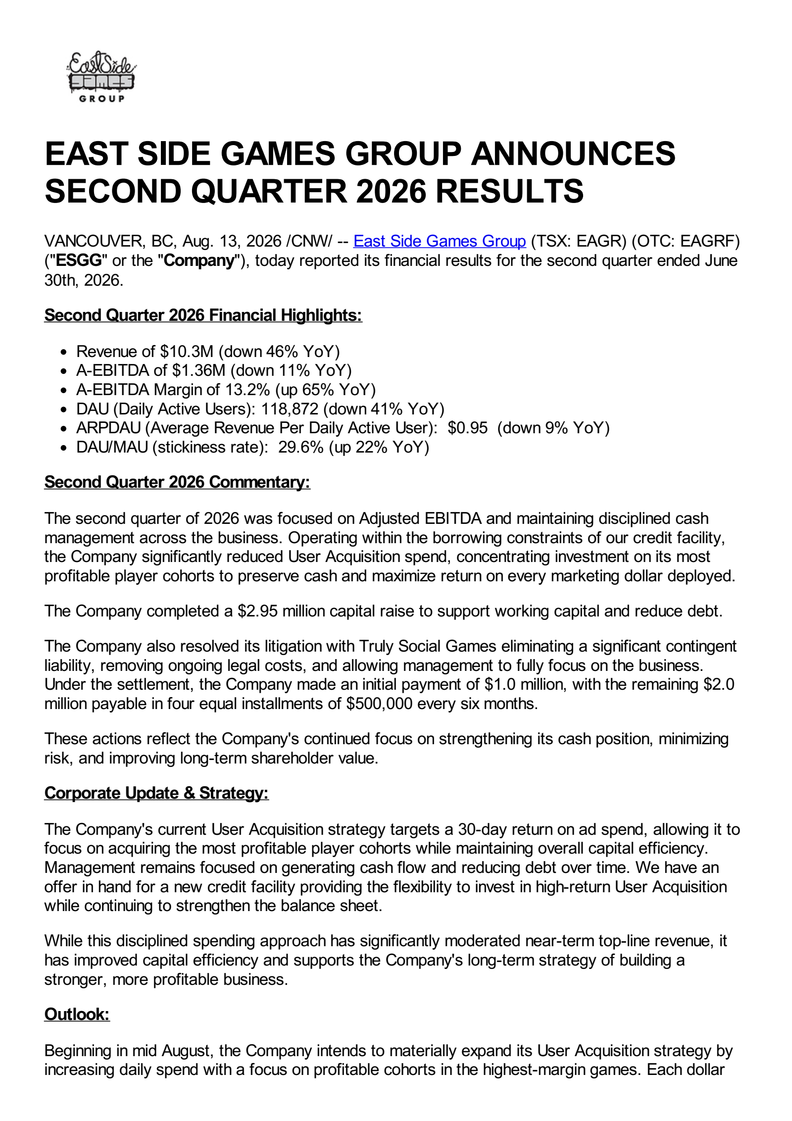 East Side Games Group's Q2 2026 Press Release