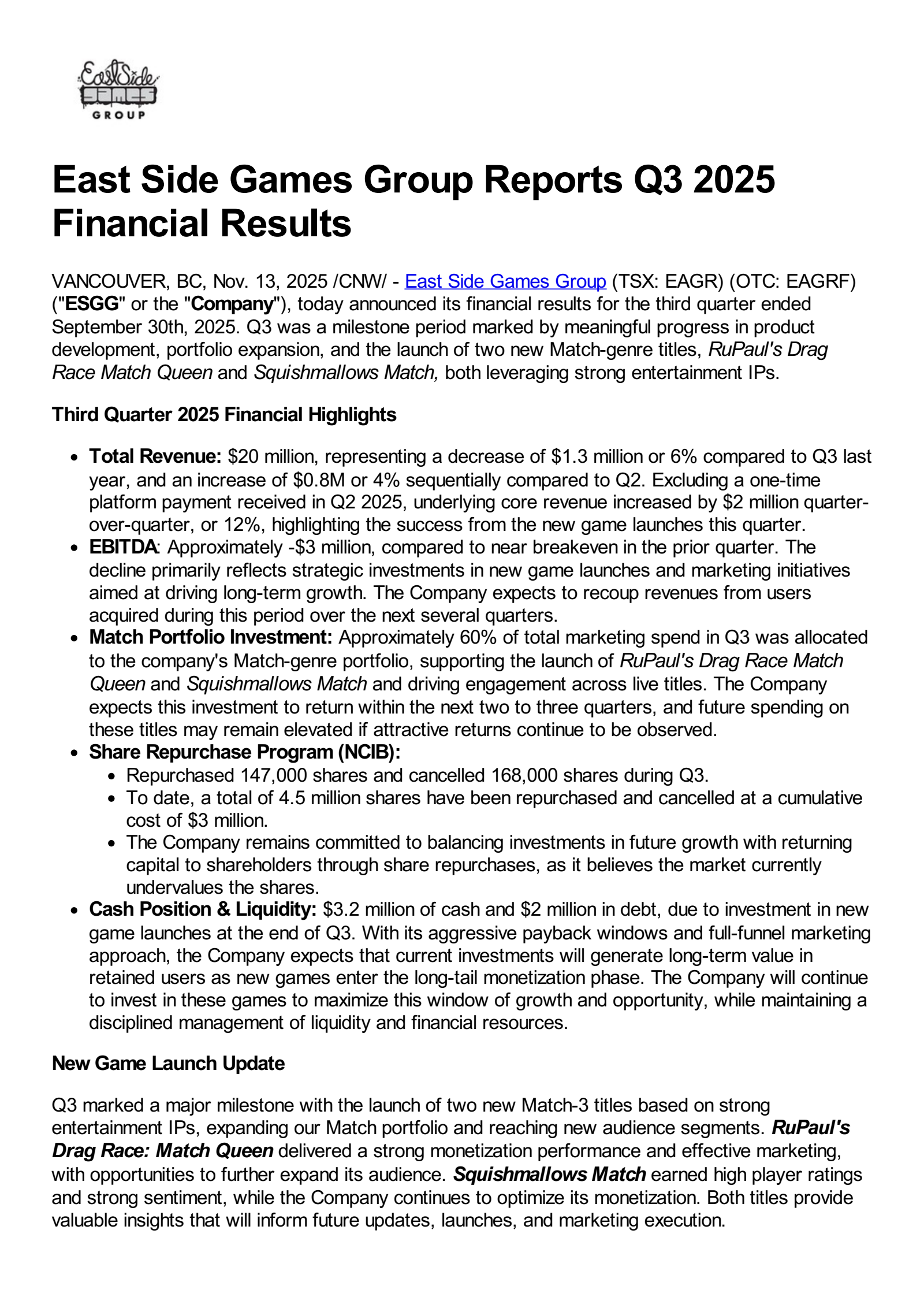 East Side Games Group's Q3 2025 Earnings Release