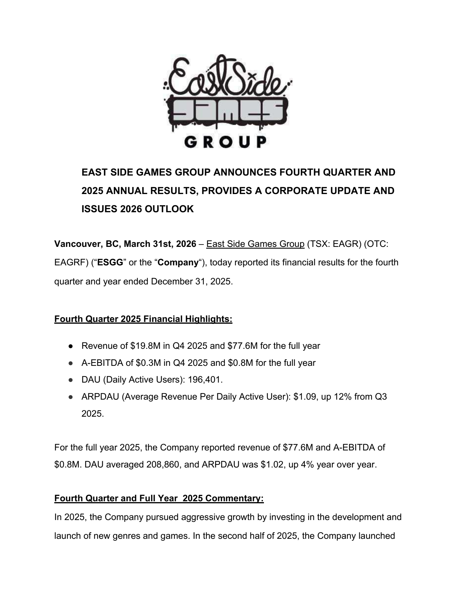 East Side Games Group's Q4 2025 Press Release