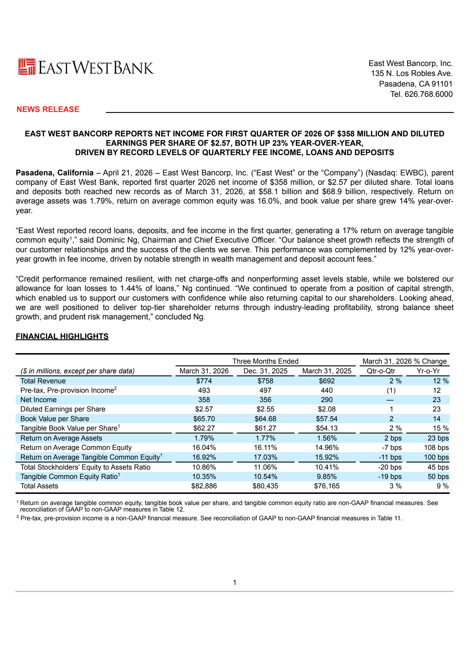 East West Bancorp's Q1 2026 Press Release