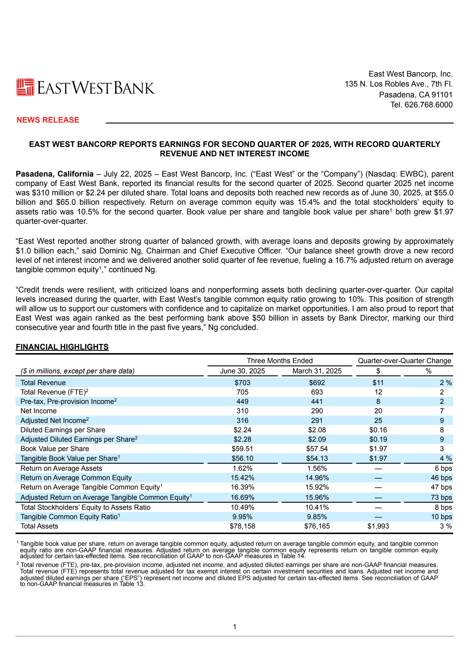 East West Bancorp's Q2 2025 Press Release