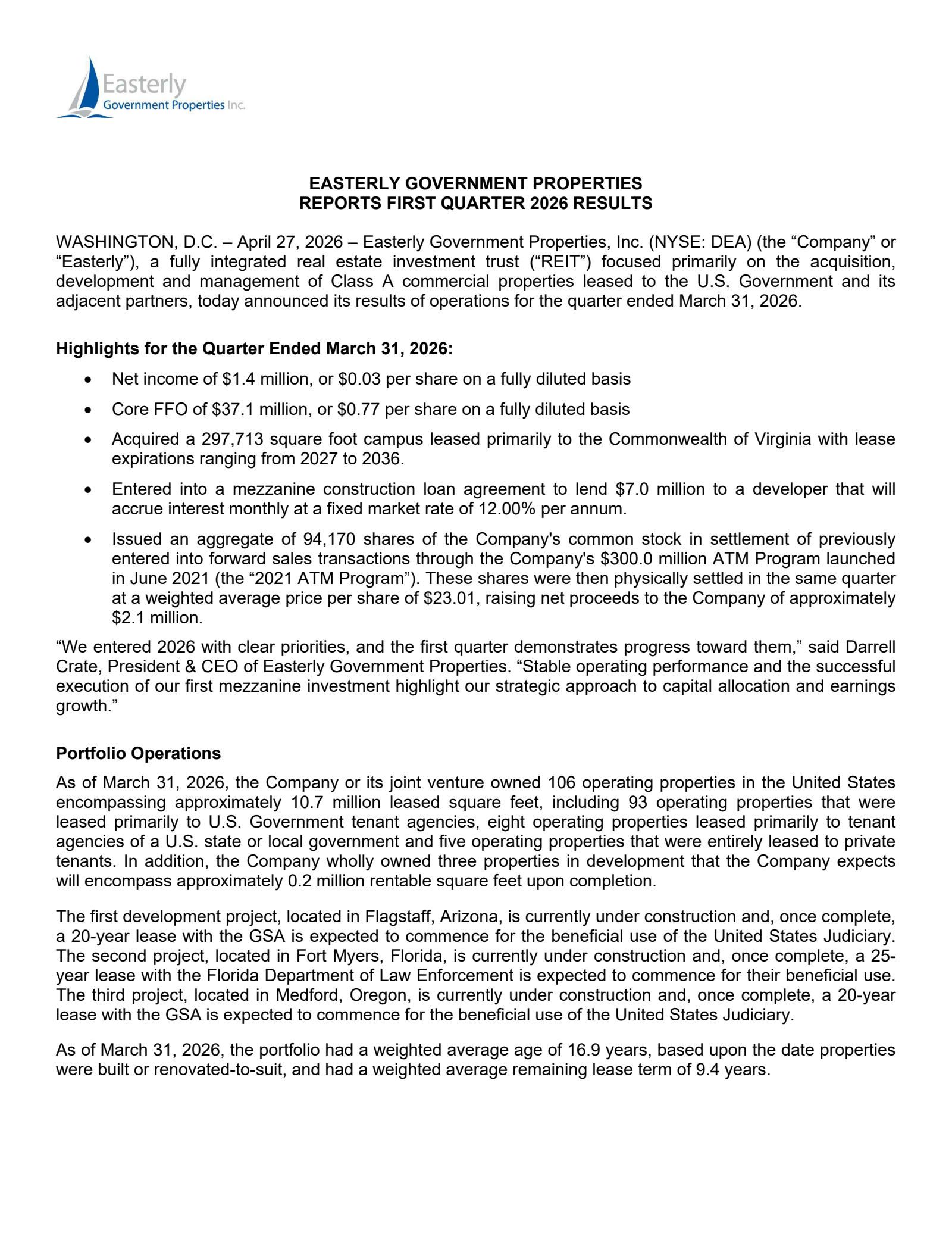 Easterly Government Properties' Q1 2026 Press Release