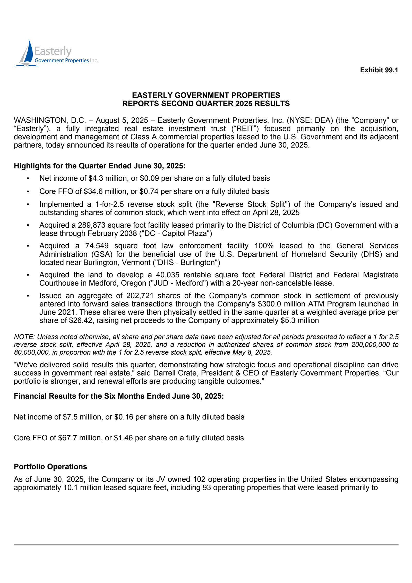 Easterly Government Properties' Q2 2025 Press Release