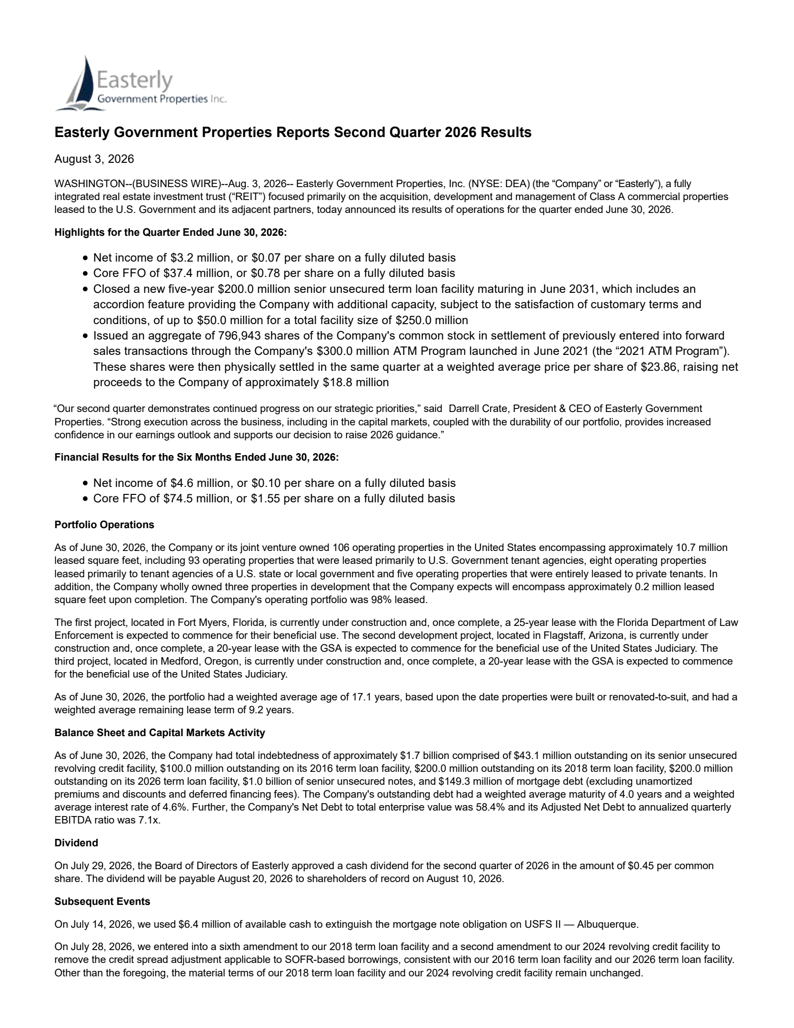 Easterly Government Properties' Q2 2026 Press Release