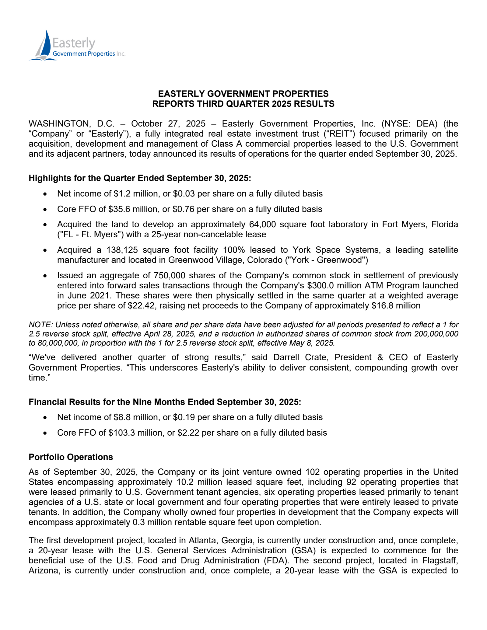 Easterly Government Properties' Q3 2025 Earnings Release