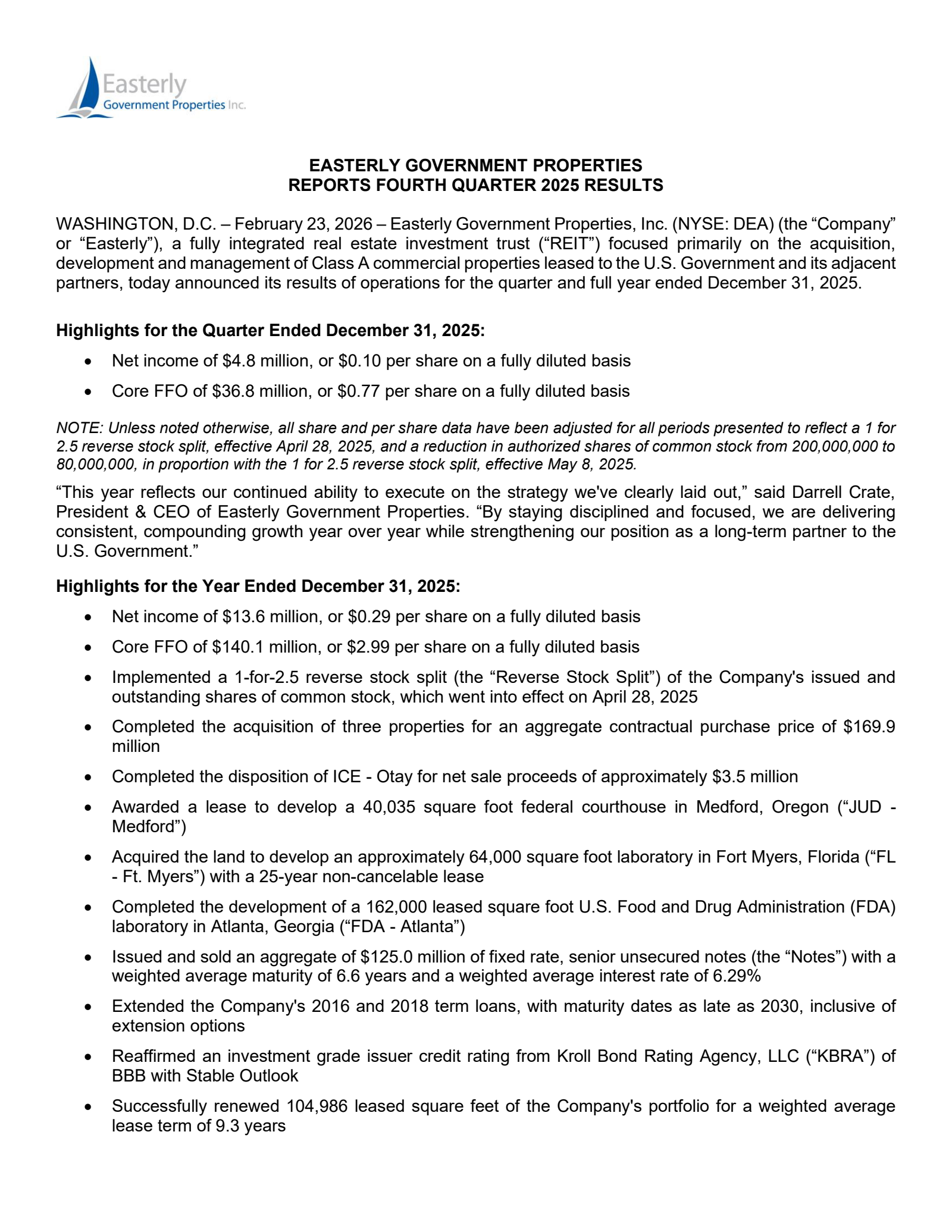 Easterly Government Properties' Q4 2025 Press Release