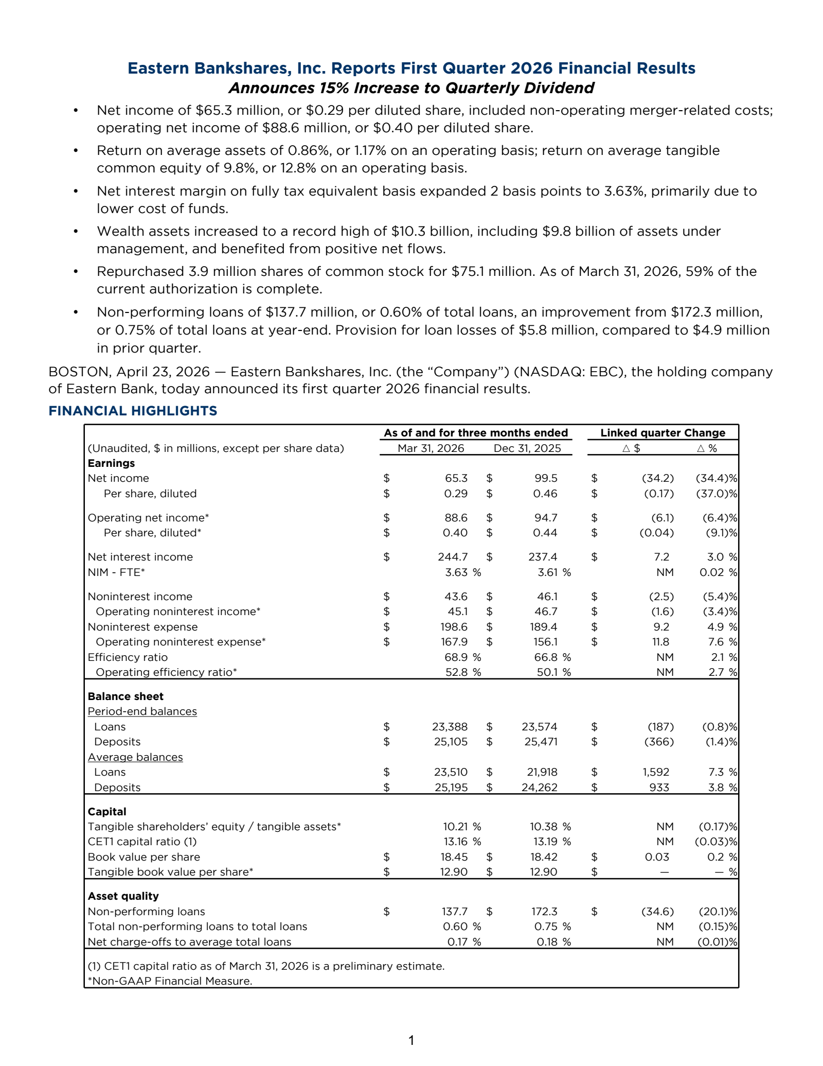 Eastern Bankshares' Q1 2026 Press Release