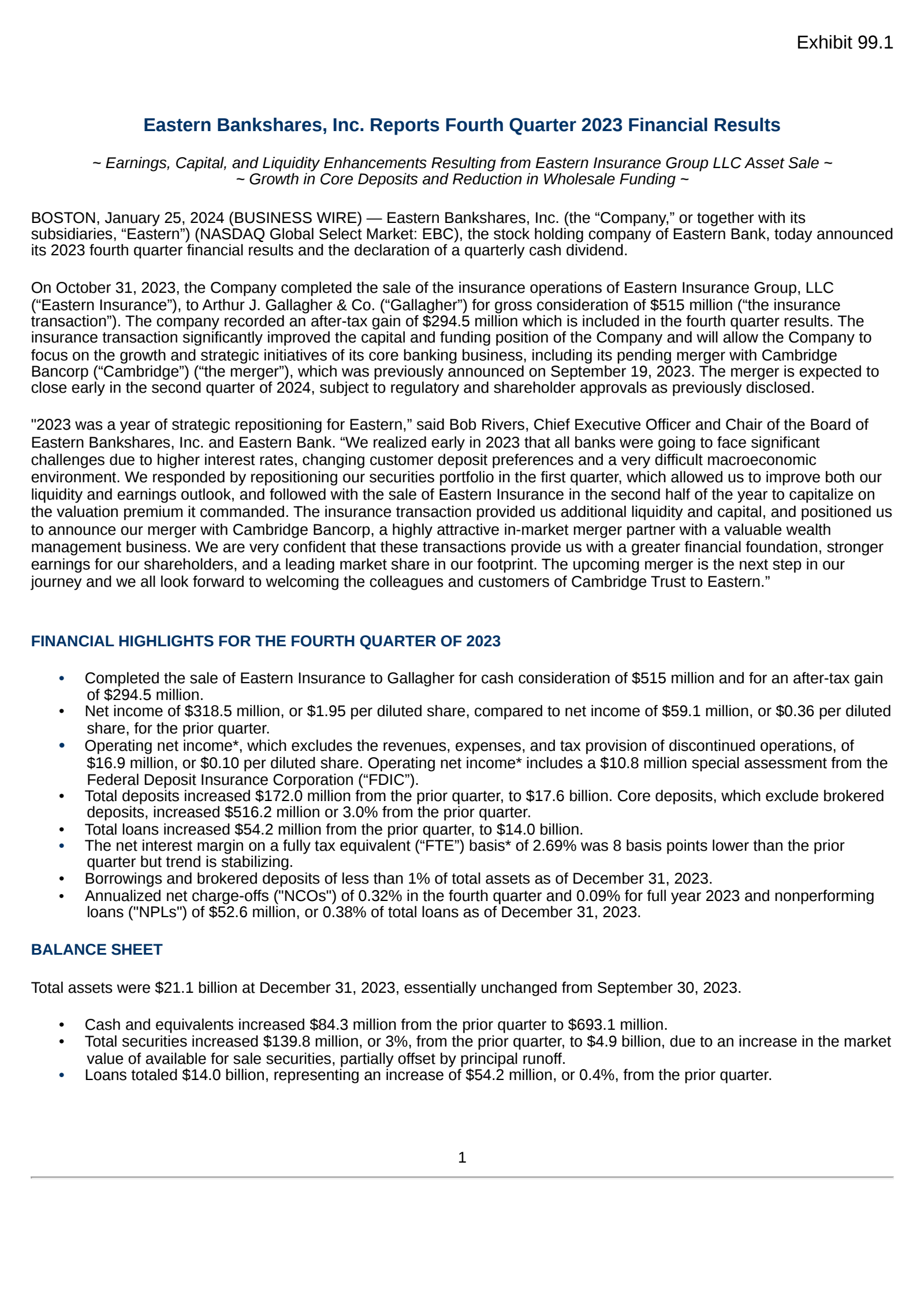 Eastern Bankshares' Q4 2023 Press Release