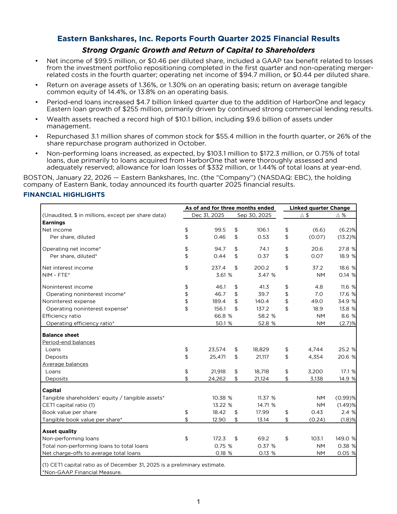 Eastern Bankshares' Q4 2025 Press Release