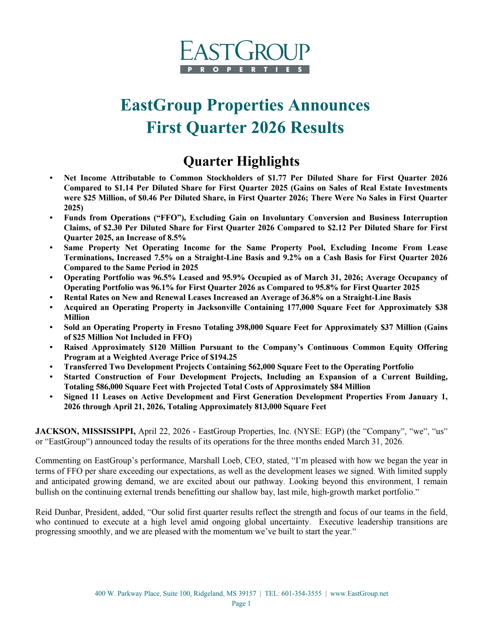 EastGroup Properties' Q1 2026 Press Release