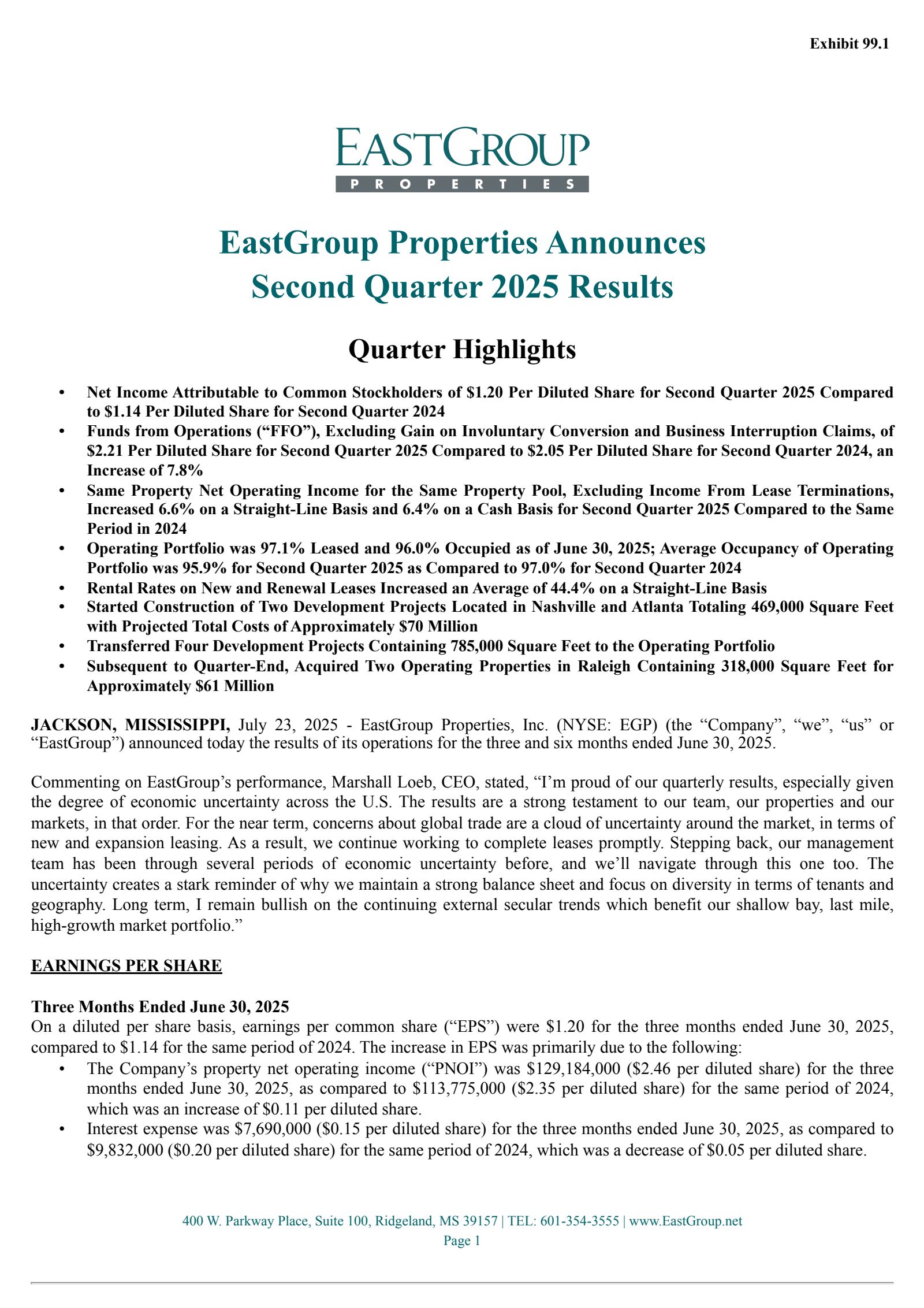 EastGroup Properties' Q2 2025 Press Release