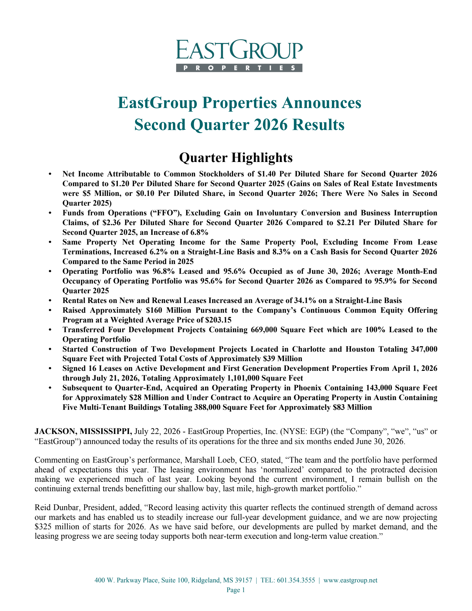 EastGroup Properties' Q2 2026 Press Release
