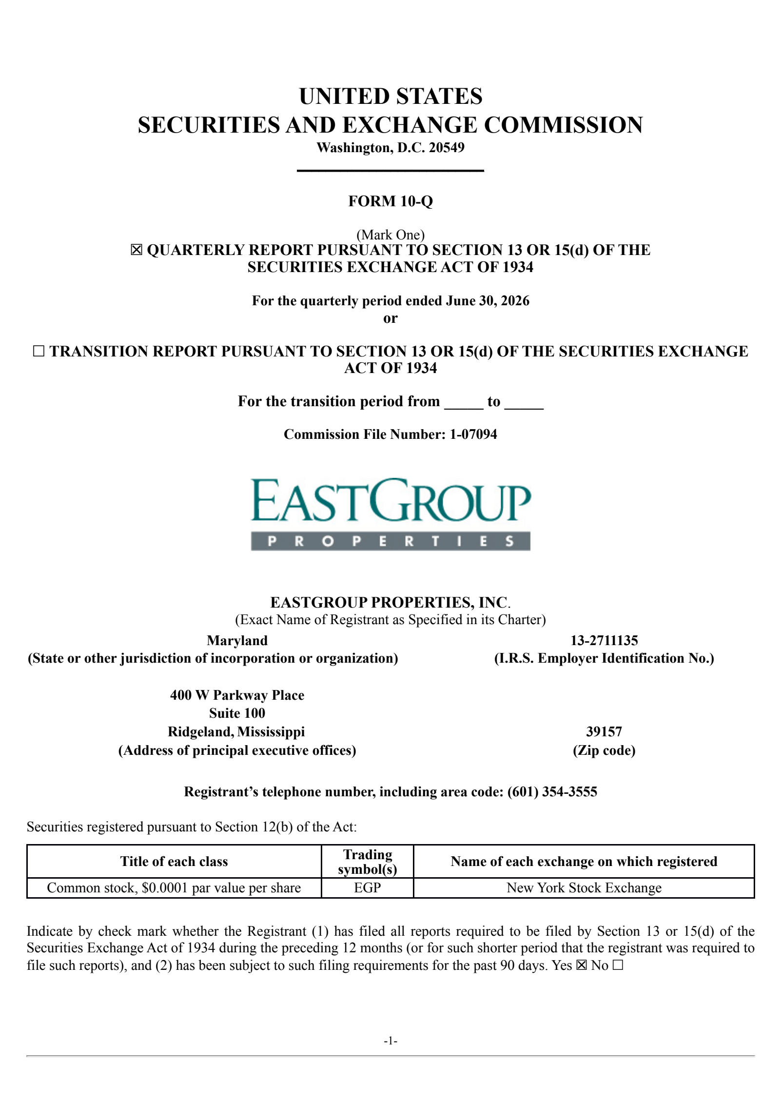 EastGroup Properties' Q2 2026 Quarterly report