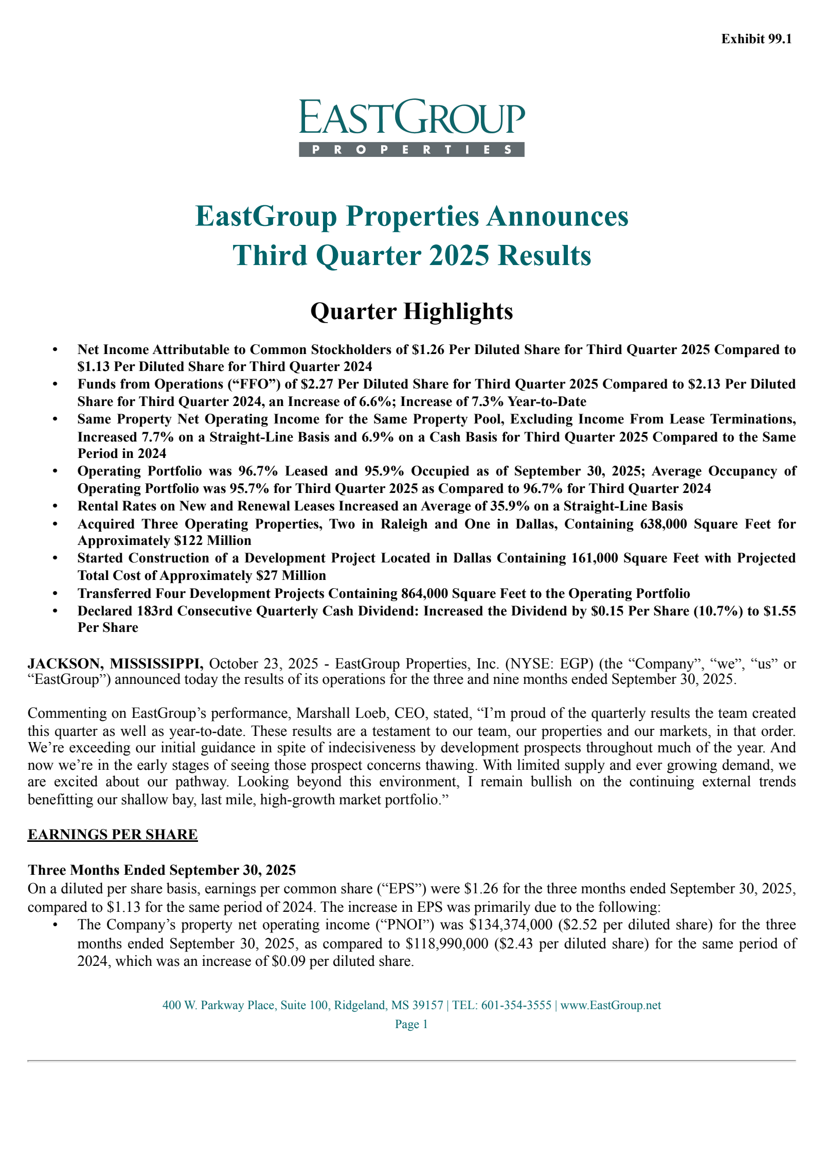 EastGroup Properties' Q3 2025 Earnings Release