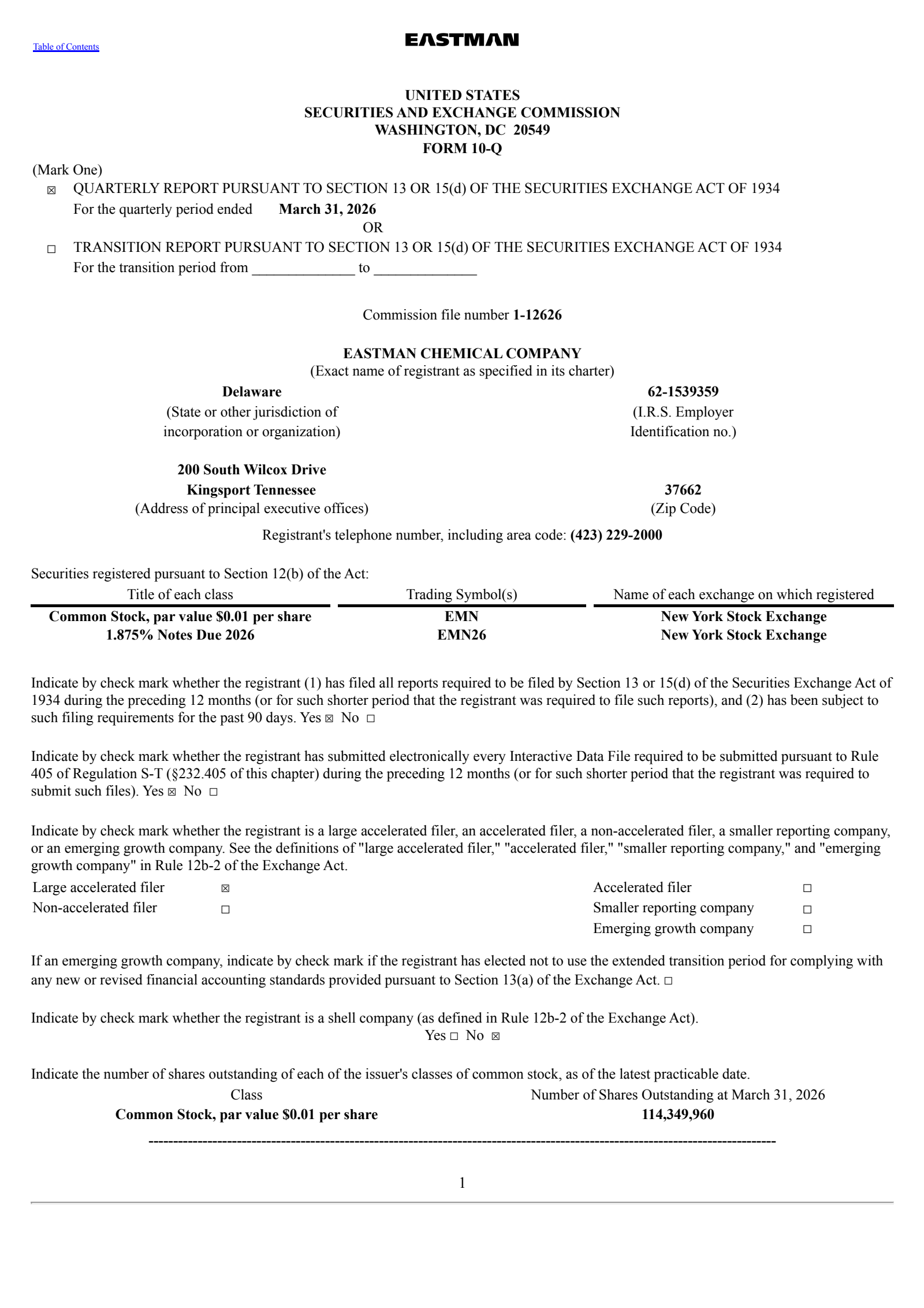 Eastman Chemical's Q1 2026 Quarterly report