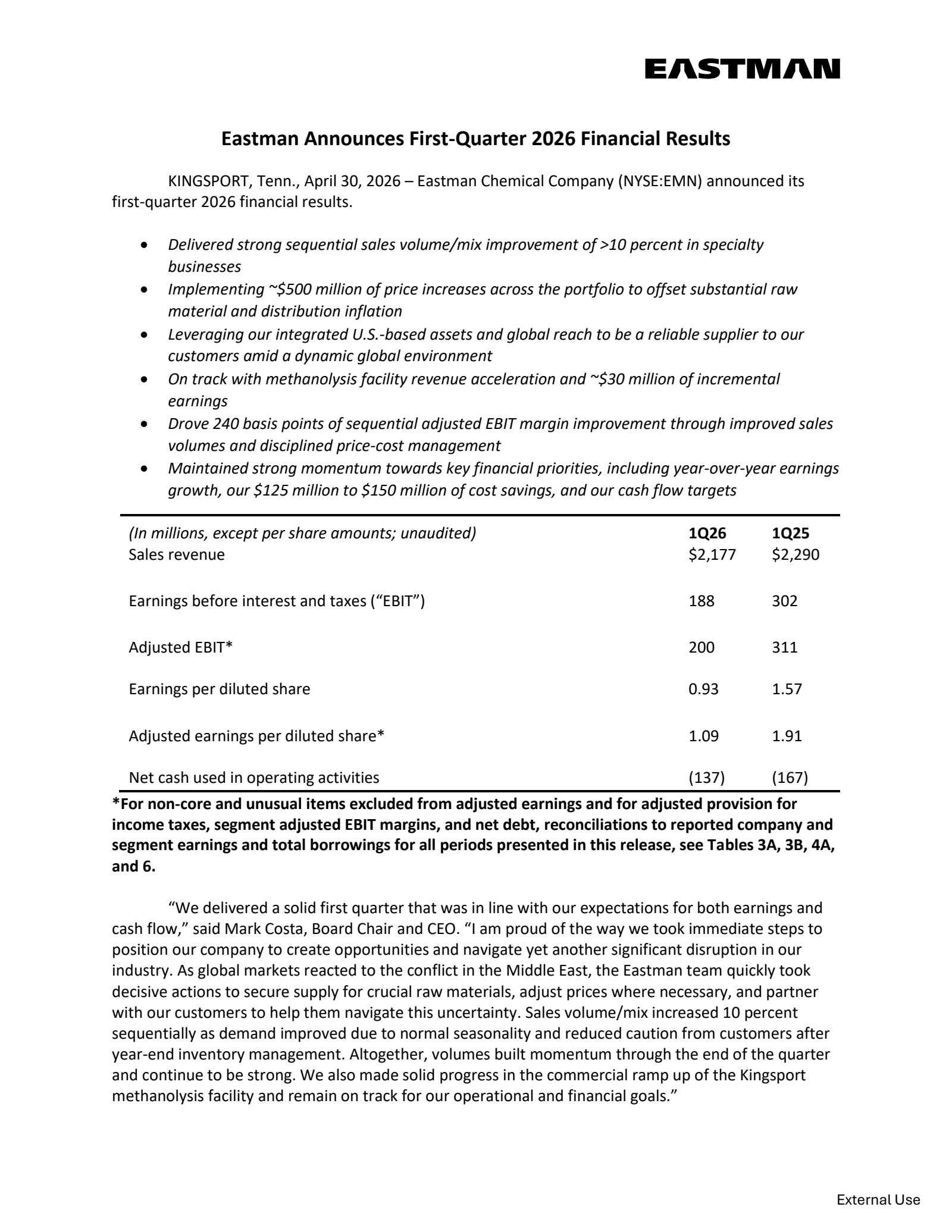 Eastman Chemical's Q1 2026 Press Release