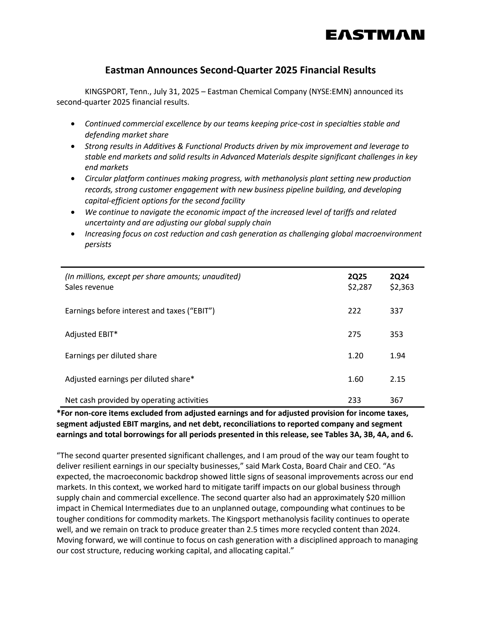 Eastman Chemical's Q2 2025 Press Release