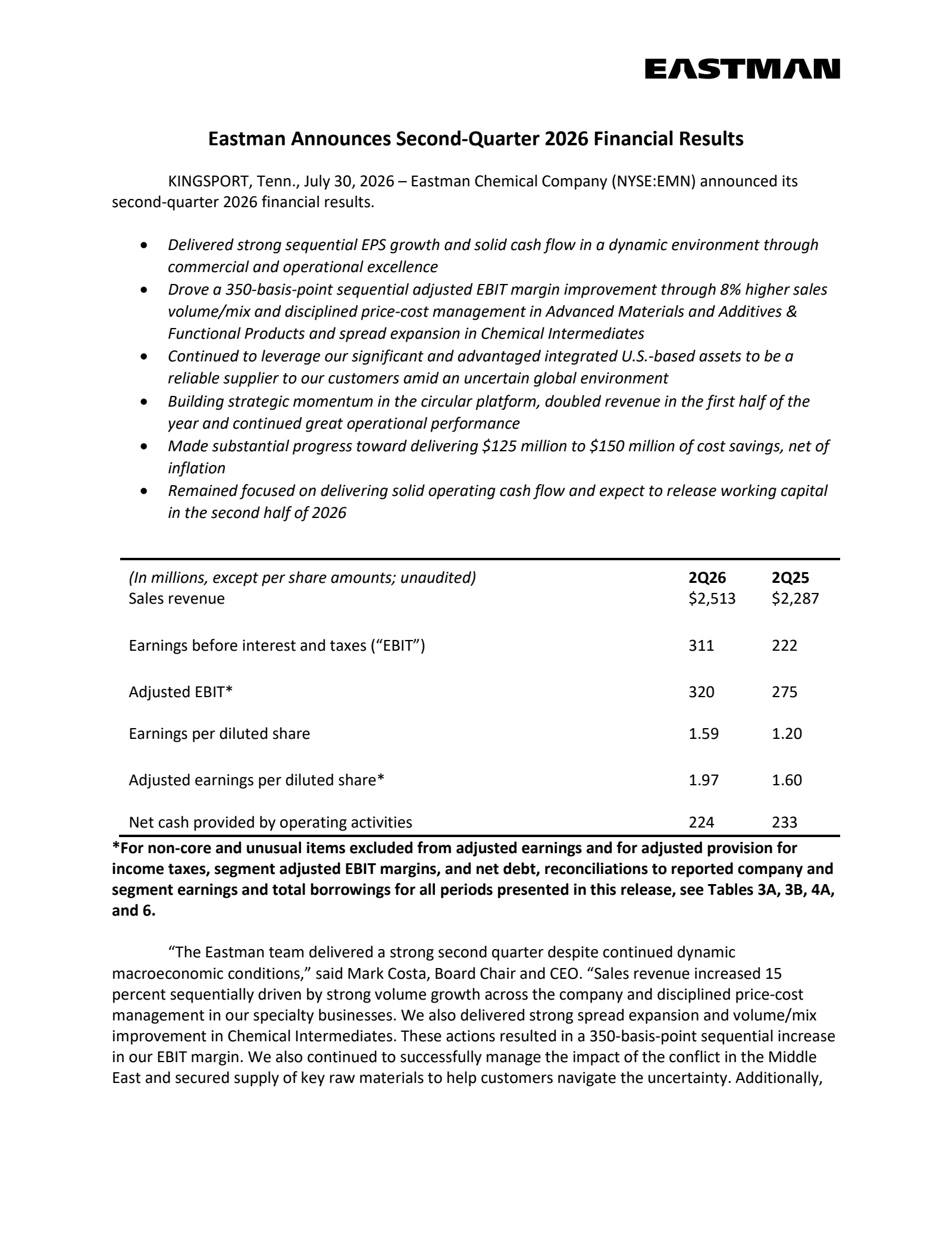 Eastman Chemical's Q2 2026 Press Release