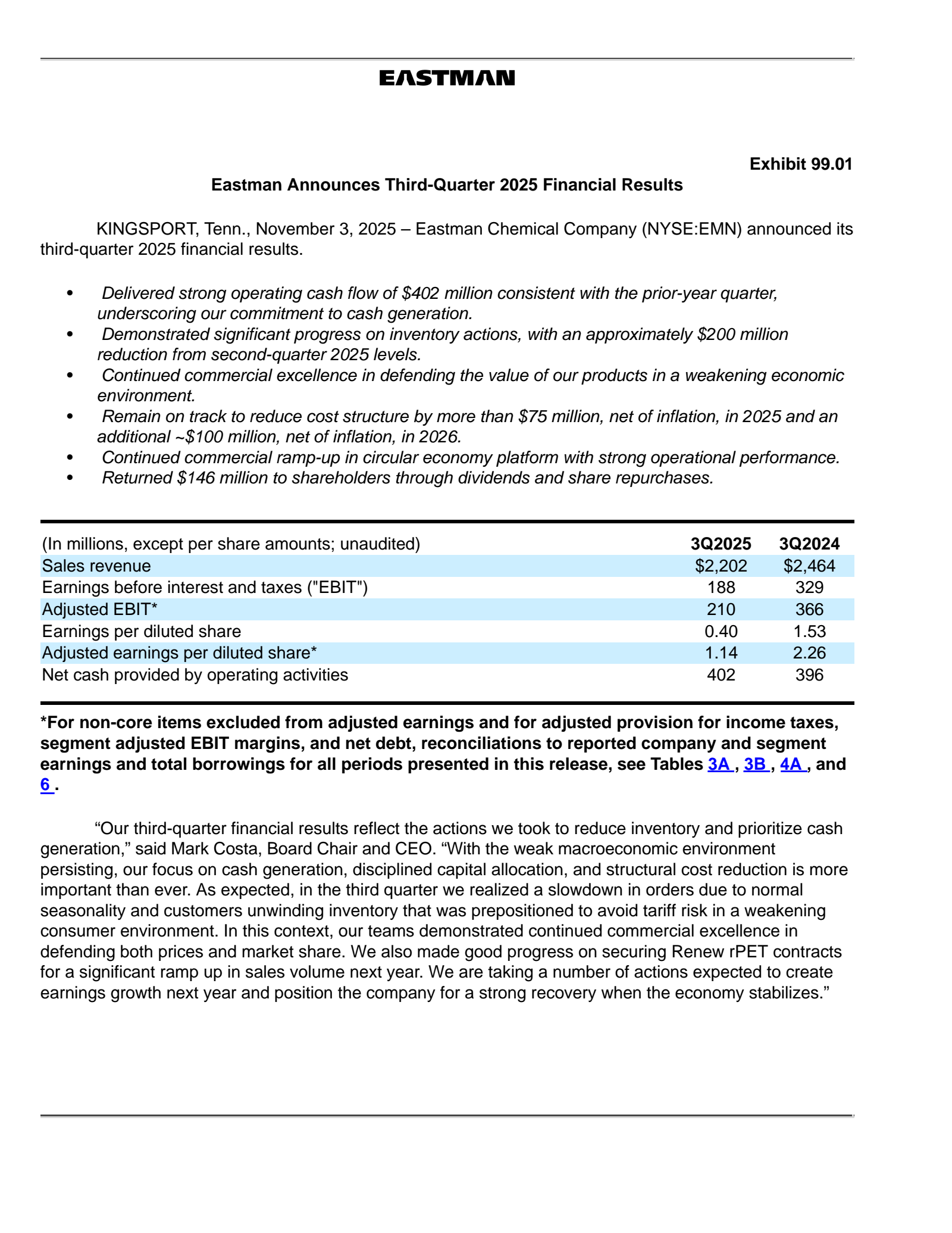 Eastman Chemical's Q3 2025 Earnings Release