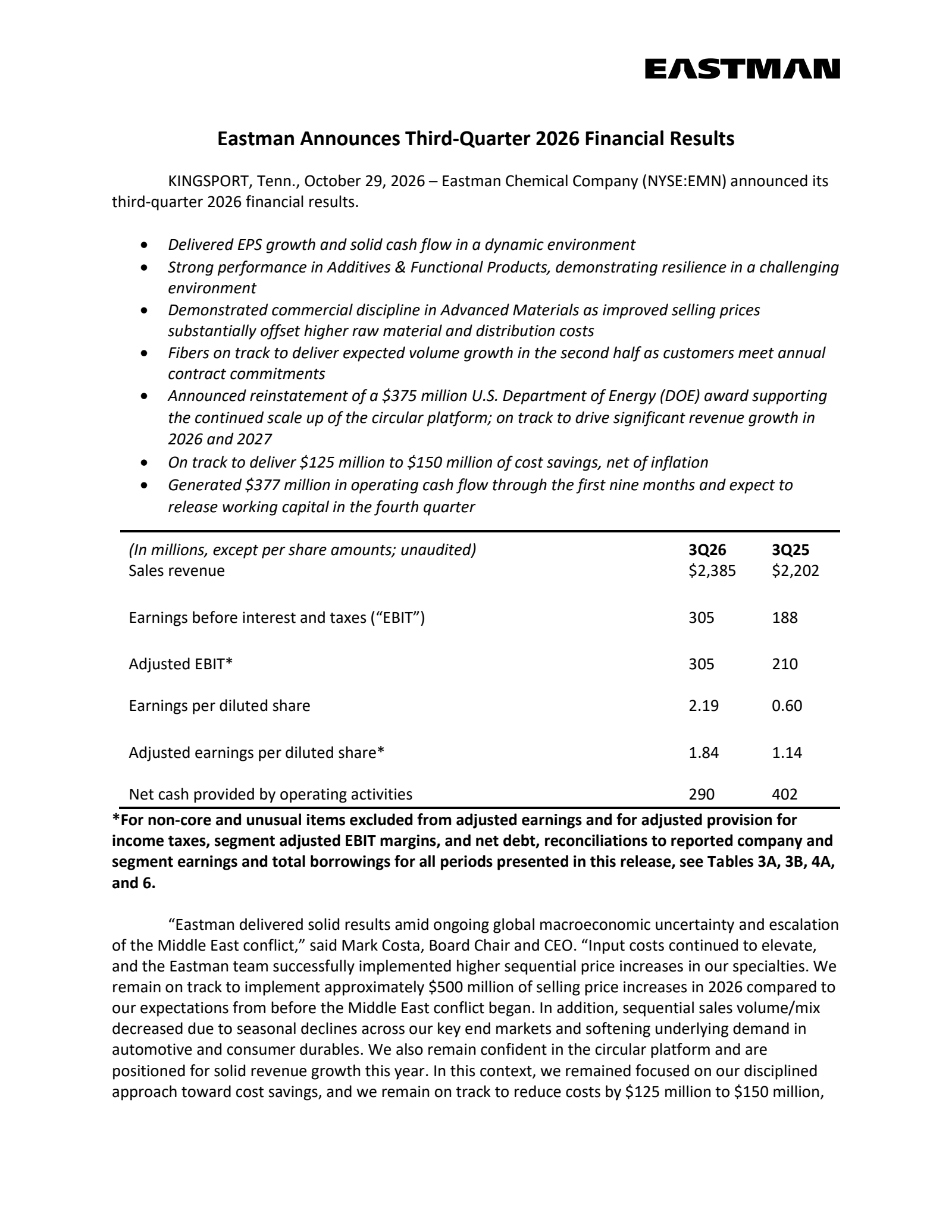 Eastman Chemical's Q3 2026 Press Release