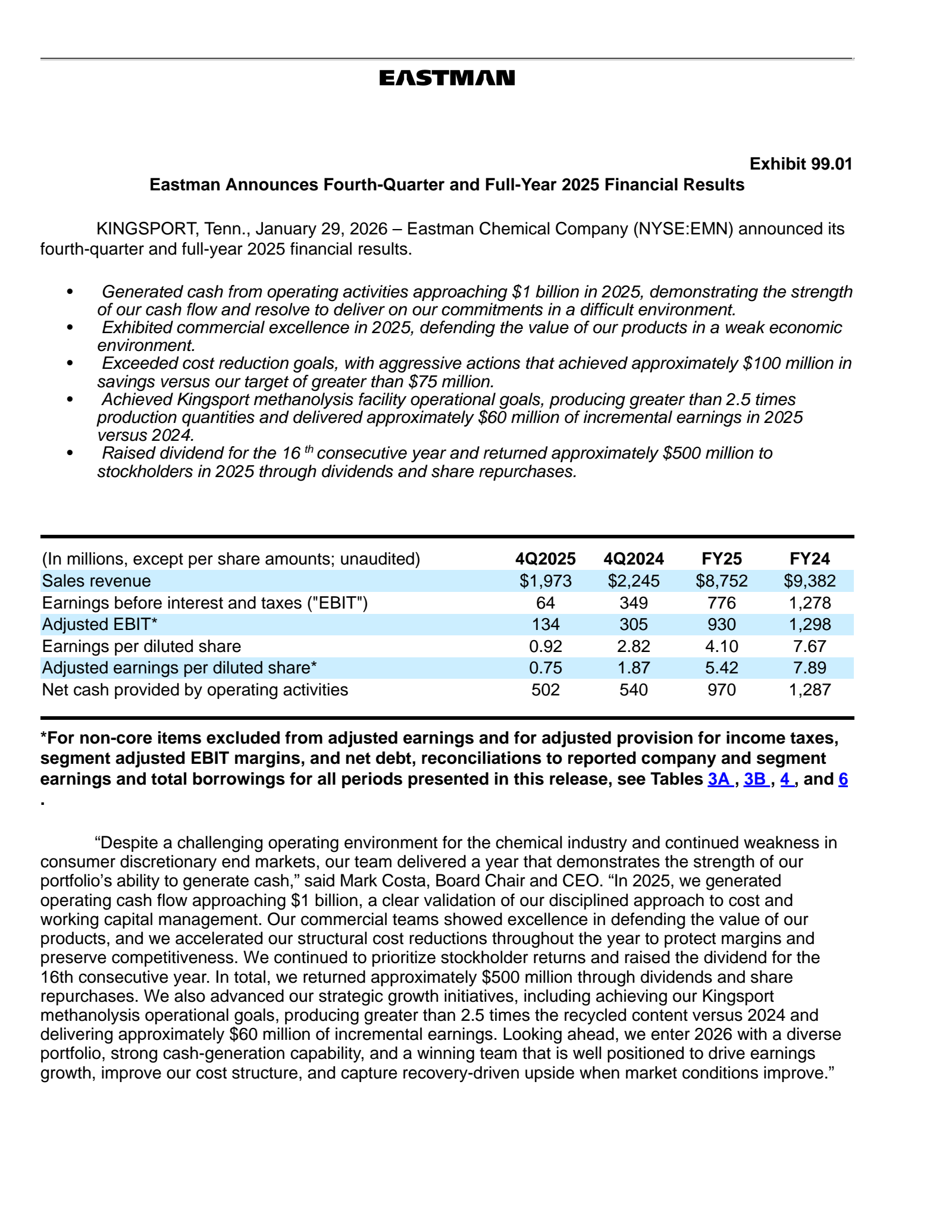 Eastman Chemical's Q4 2025 Press Release