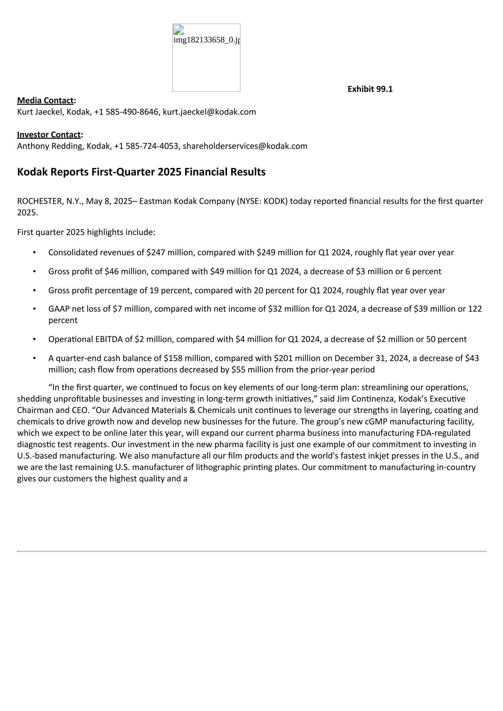 Eastman Kodak's Q1 2025 Press Release