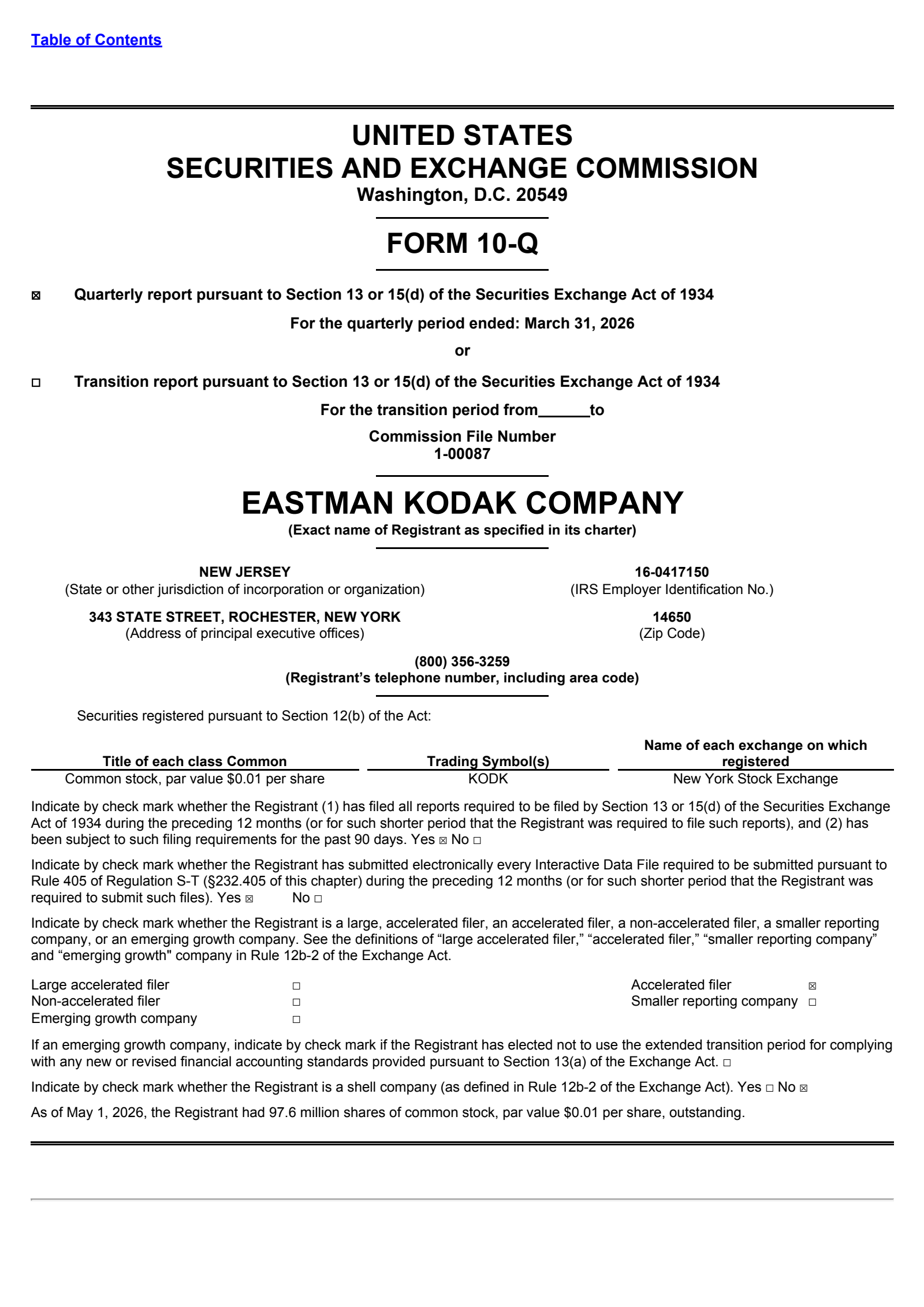 Eastman Kodak's Q1 2026 Quarterly report