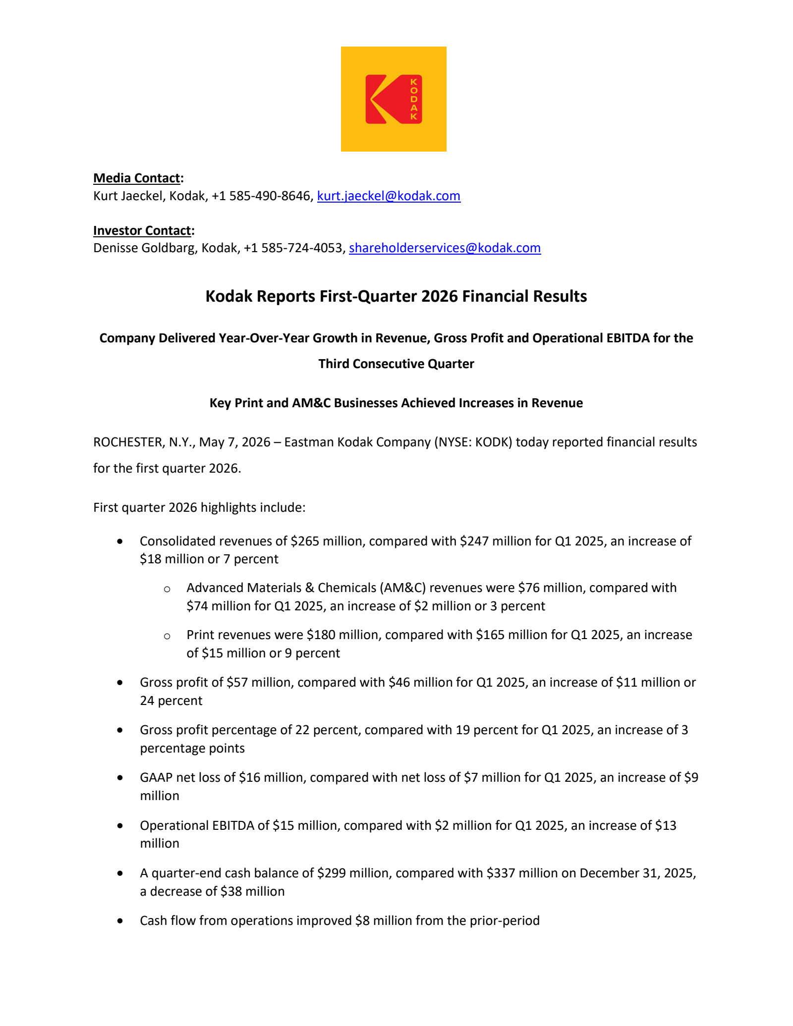Eastman Kodak's Q1 2026 Press Release