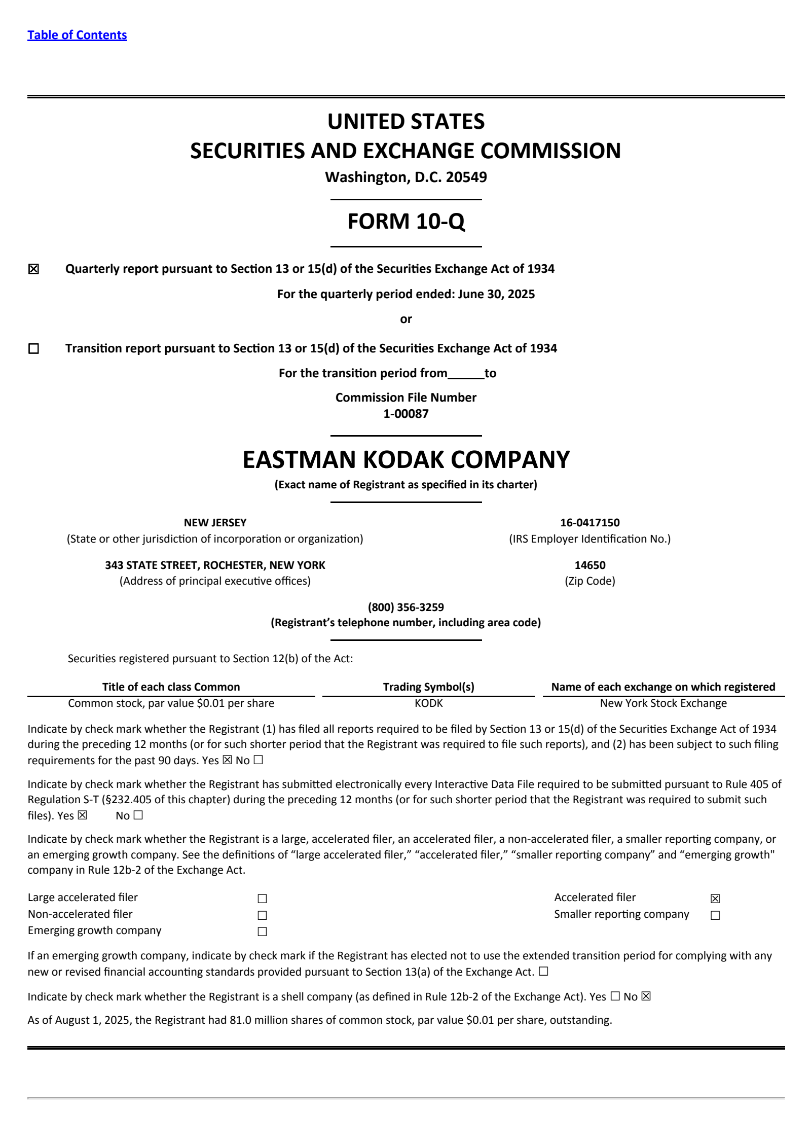 Eastman Kodak's Q2 2025 Quarterly report