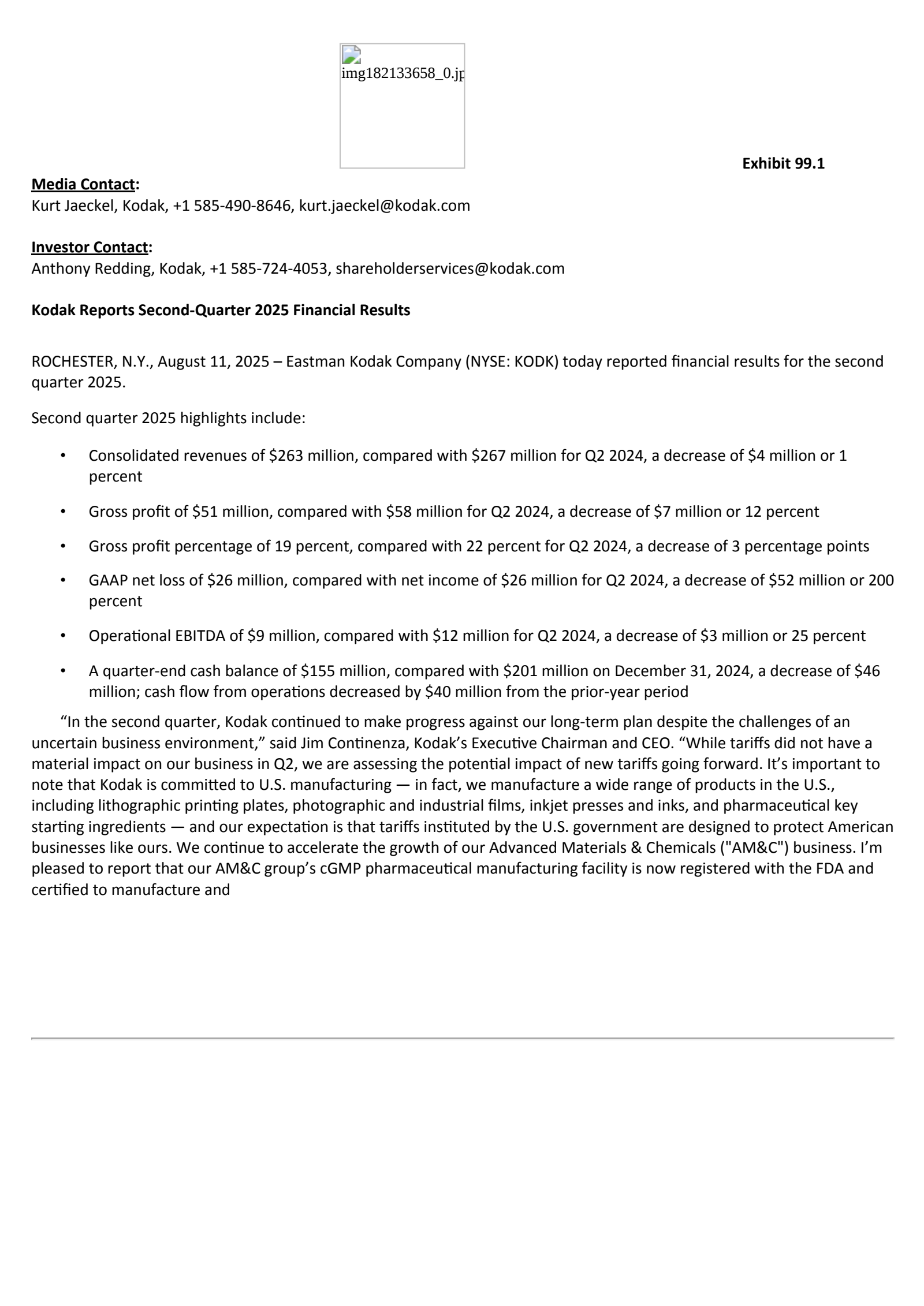 Eastman Kodak's Q2 2025 Press Release