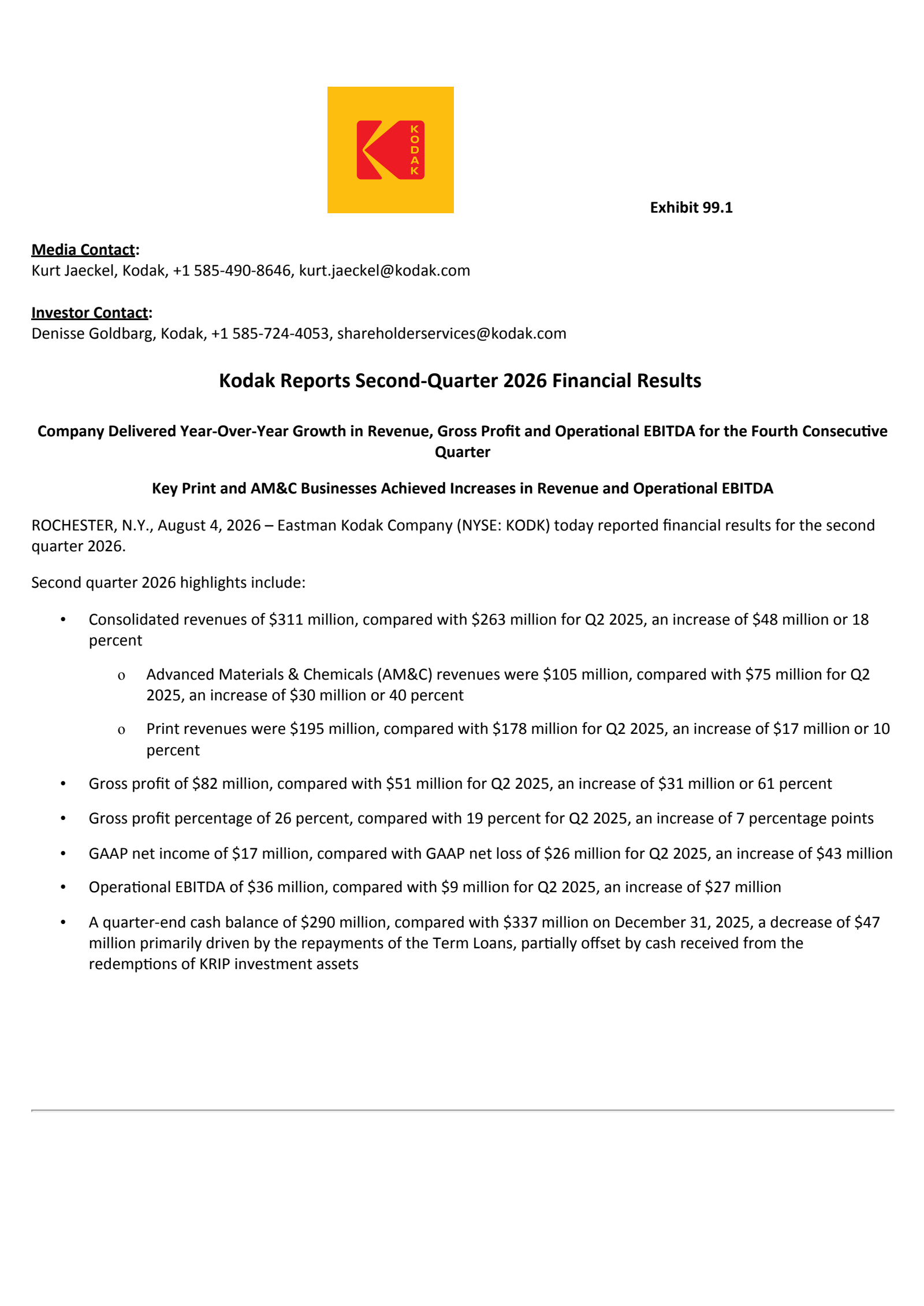 Eastman Kodak's Q2 2026 Press Release