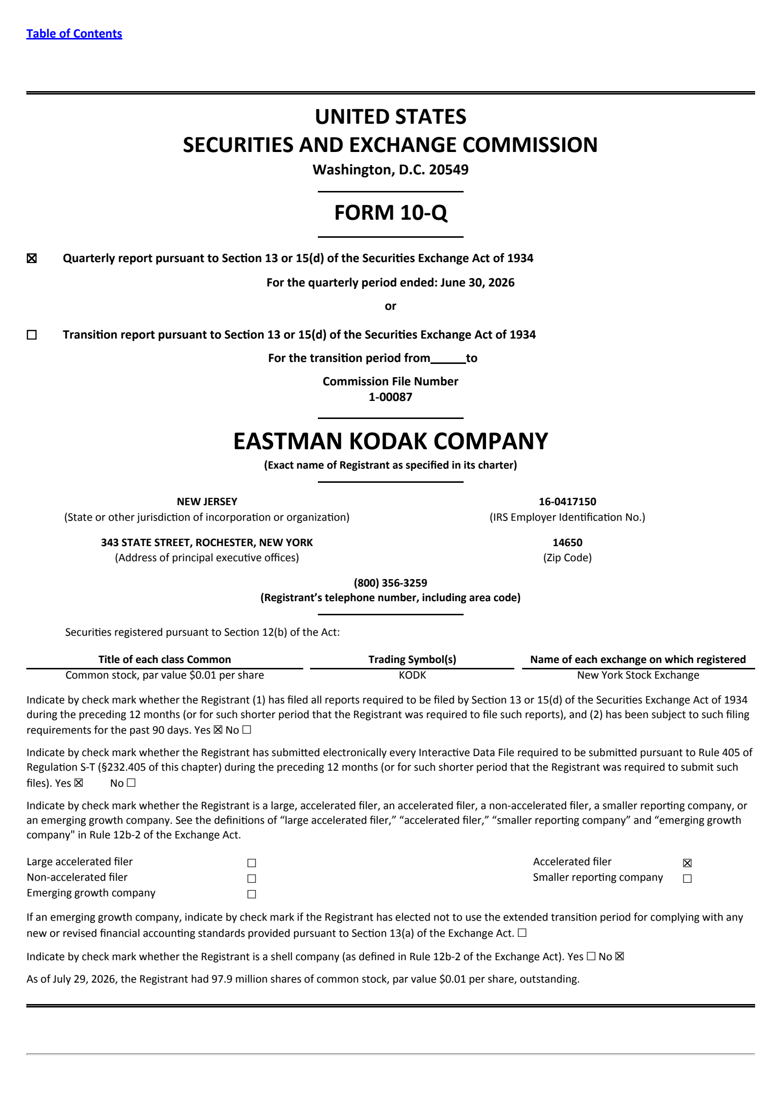 Eastman Kodak's Q2 2026 Quarterly report