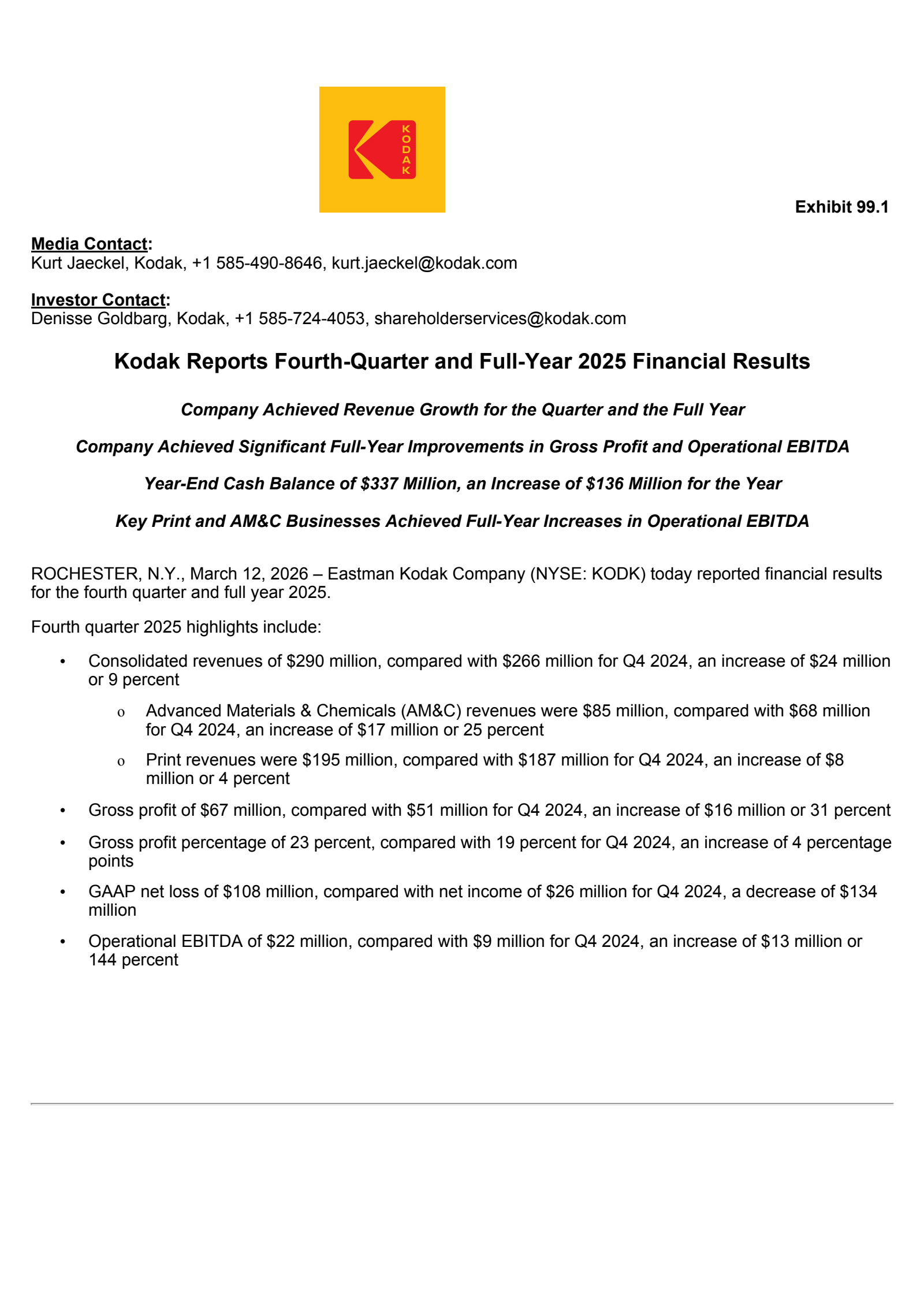 Eastman Kodak's Q4 2025 Press Release