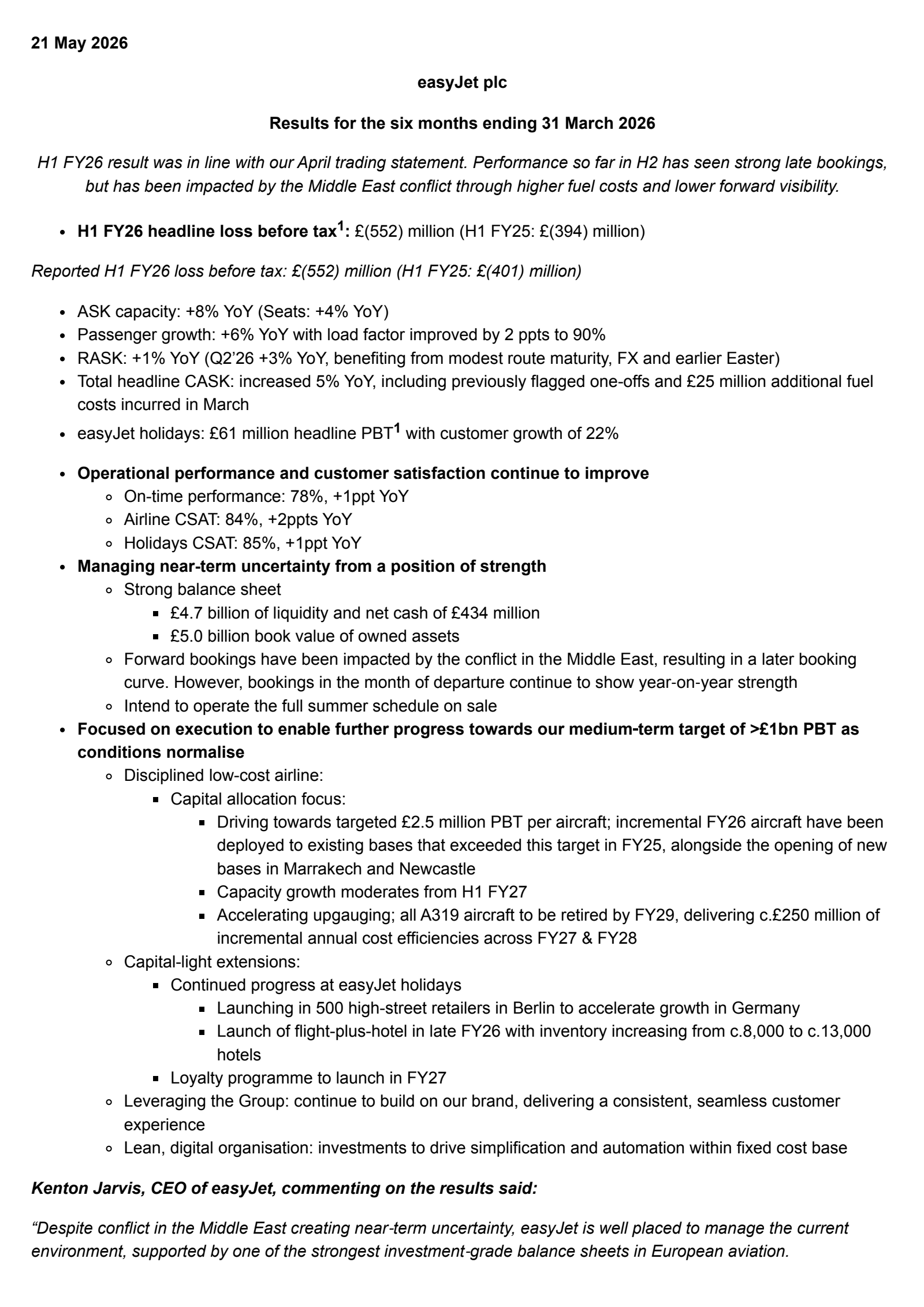 easyJet's H1 2026 Pre Recorded Interim report