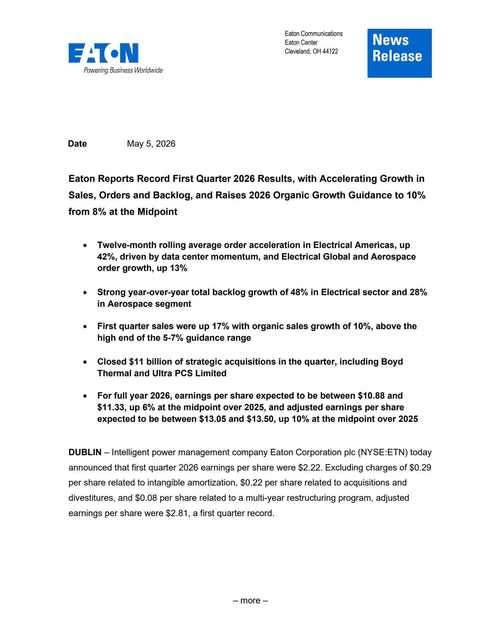 Eaton's Q1 2026 Press Release
